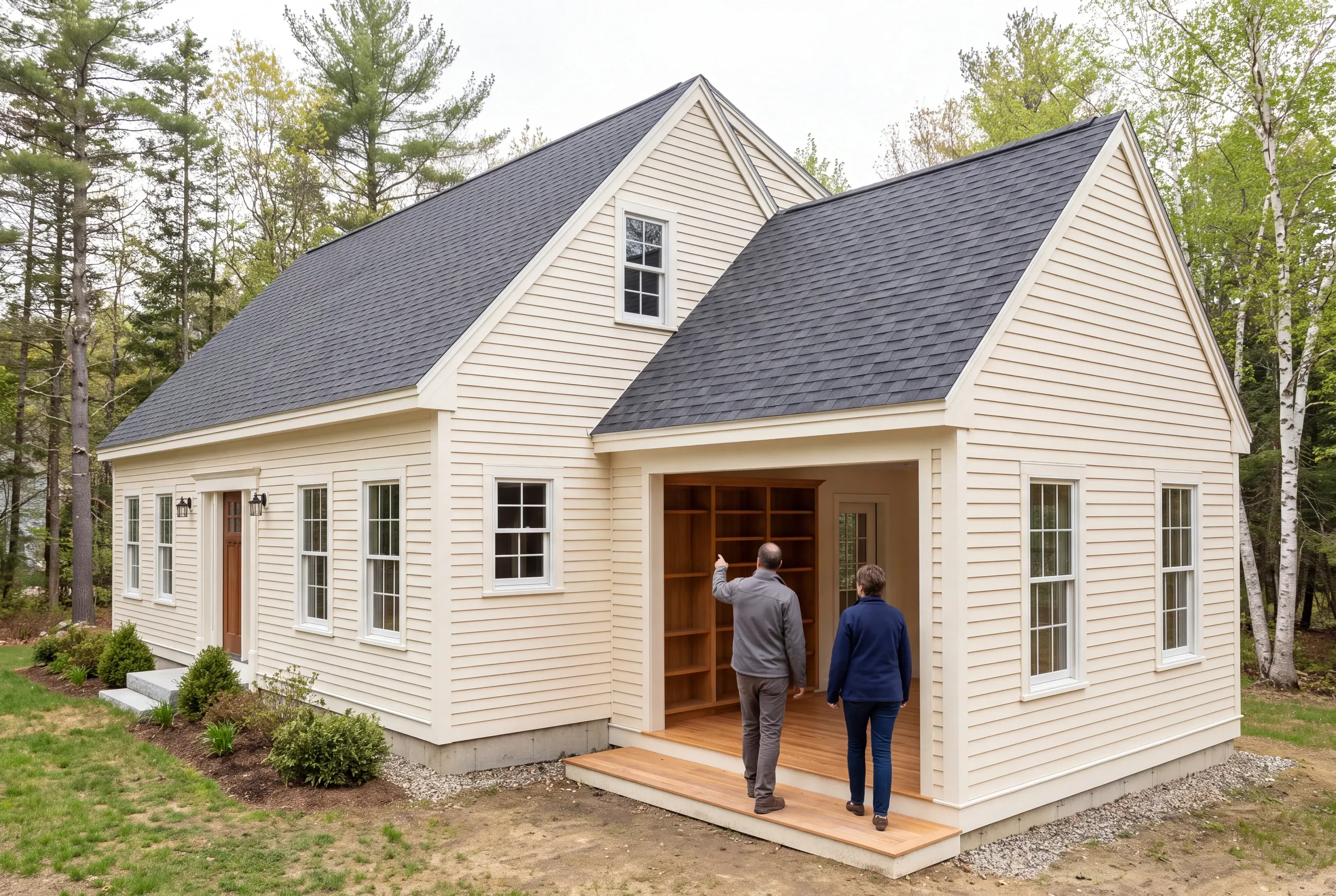 Two adults stand outside a light-yellow sided house with dark shingle roofs, looking into an open room extension with built-in wooden shelving.