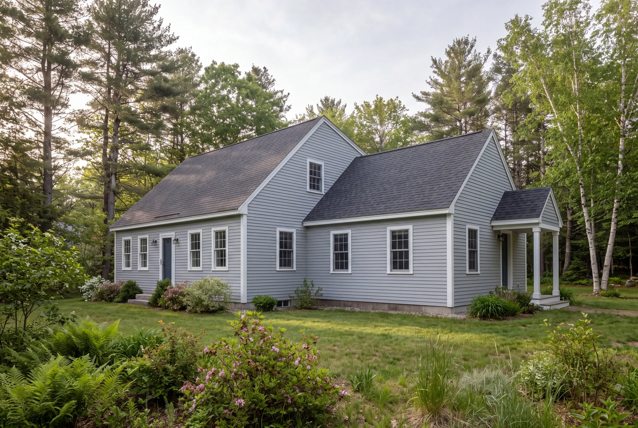 Exterior view of a gray two-story house with white trim and a matching attached side addition surrounded by trees and lawn.
