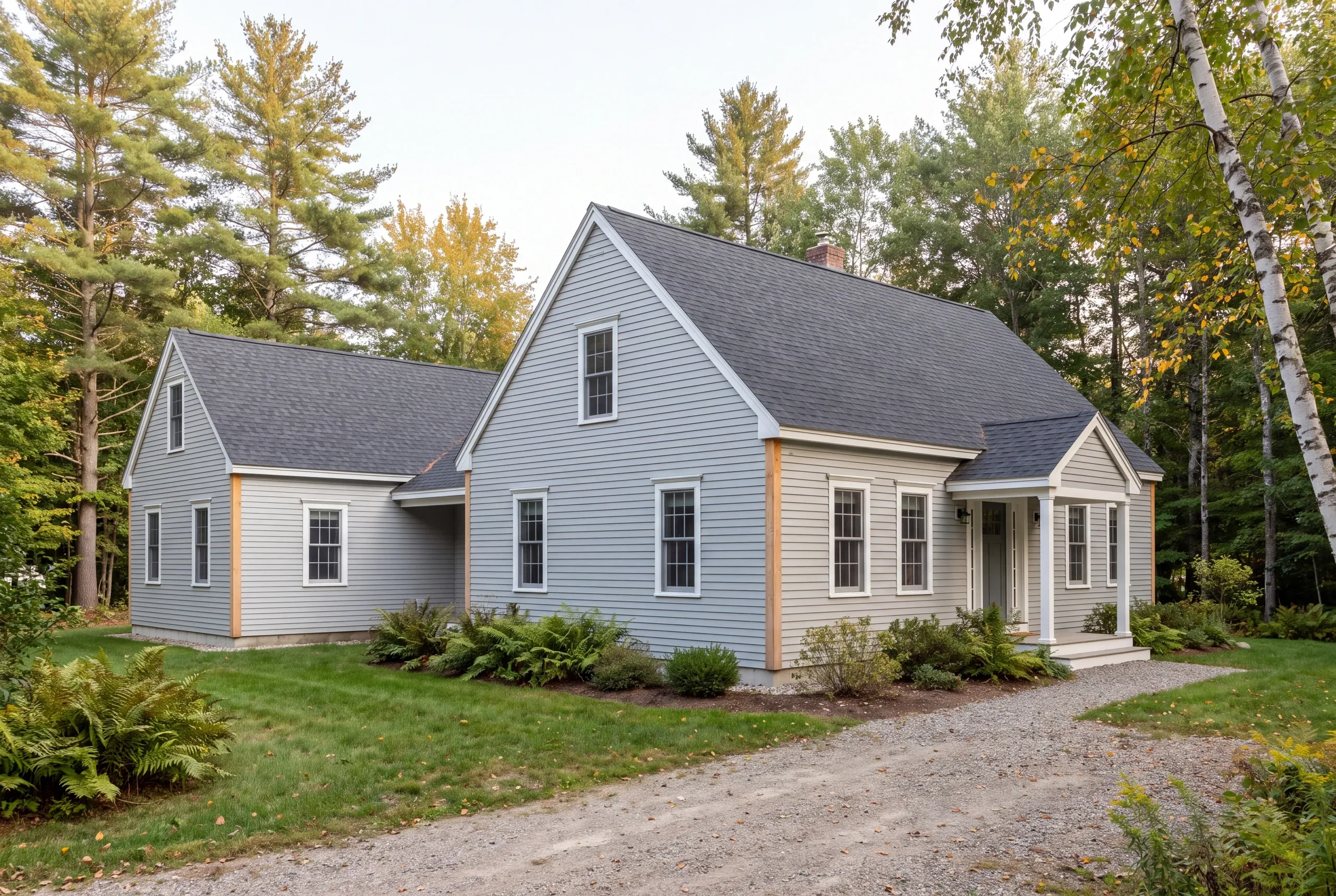 A two-story grey sided house with a dark shingle roof and white trim stands among green trees and a gravel driveway.