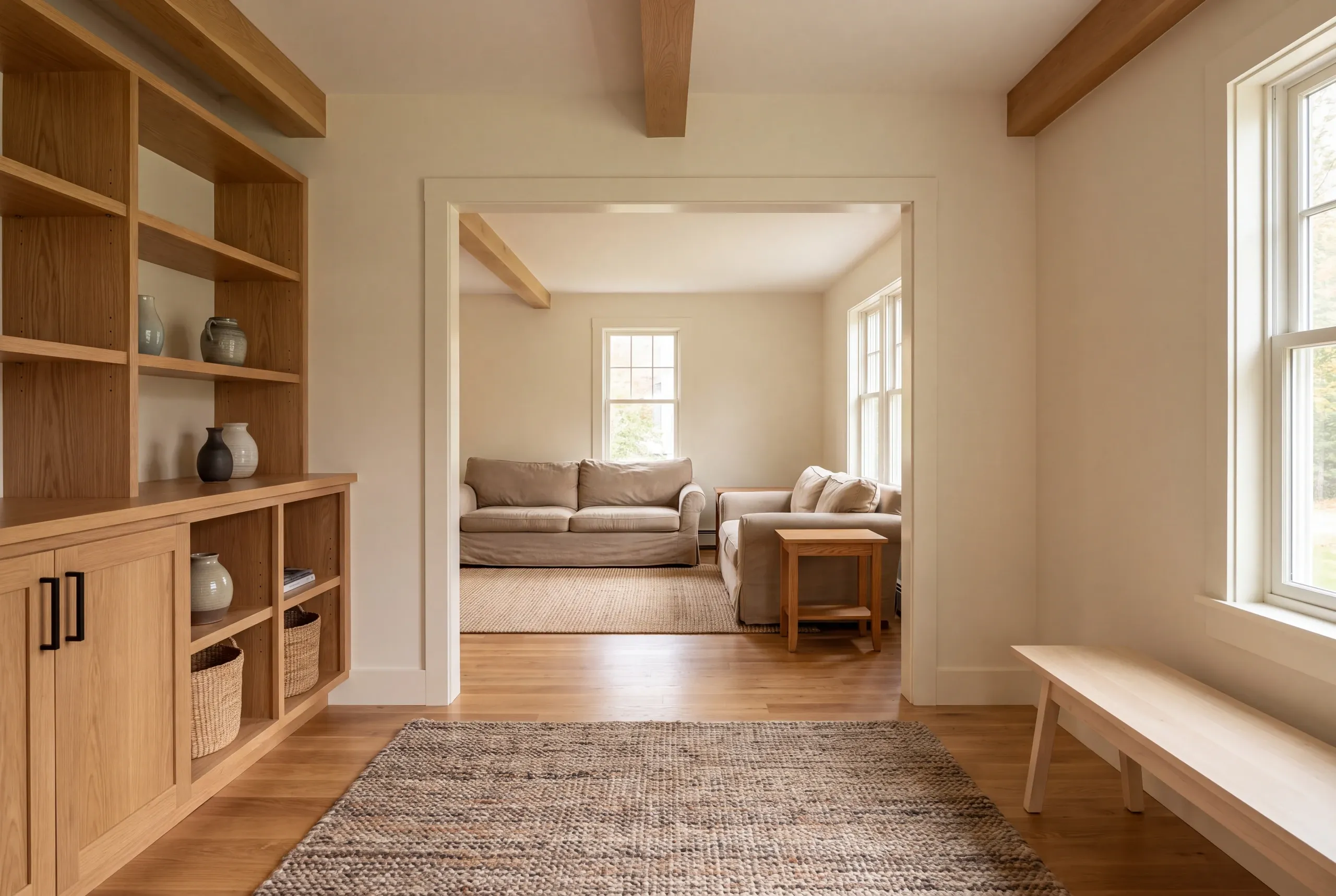 A bright finished room with a large wooden bookshelf connects through a wide doorway to an adjoining furnished seating room.