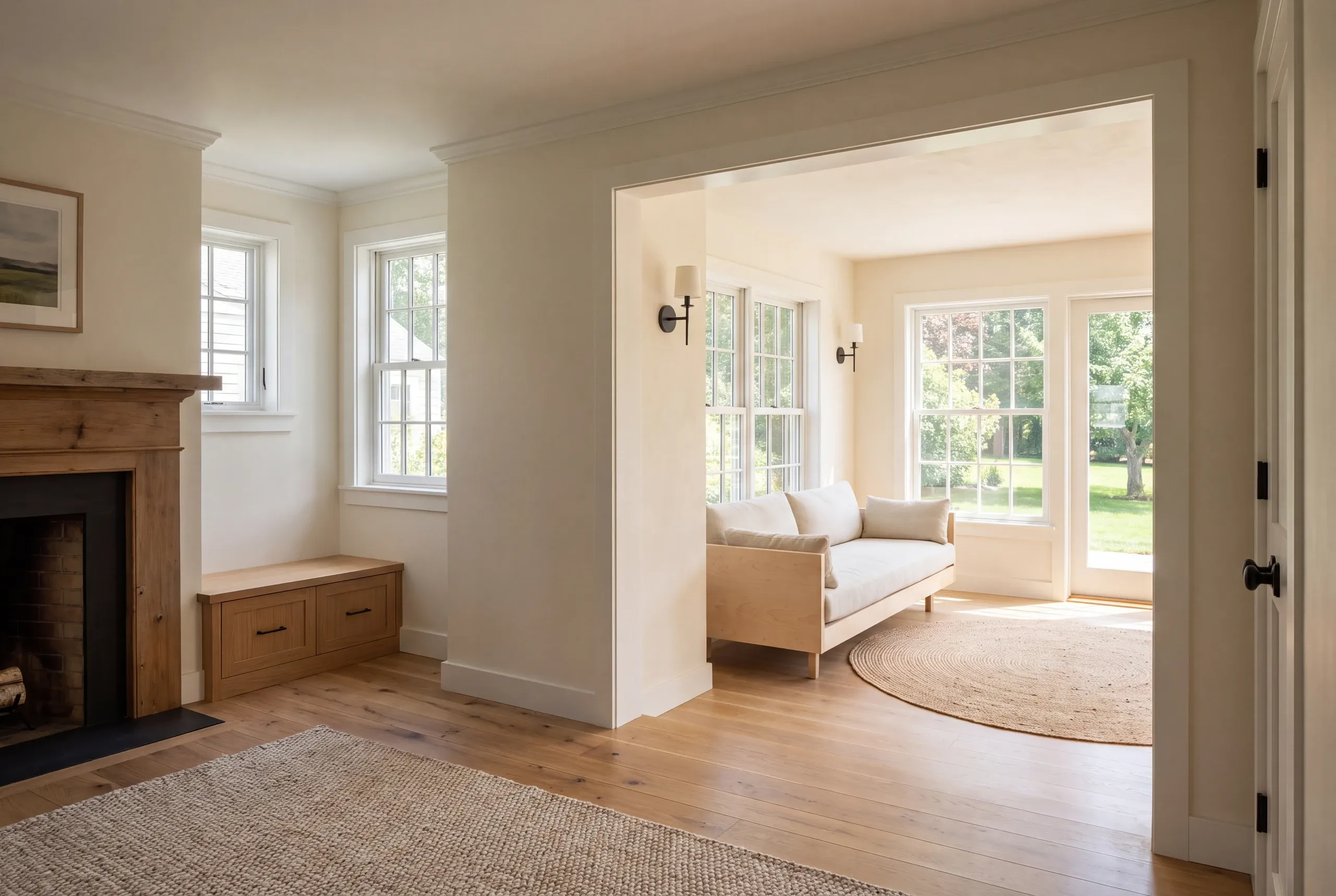 A brightly lit room with wooden floors opens through a wide doorway into an adjacent sunlit sitting room containing a sofa and windows.