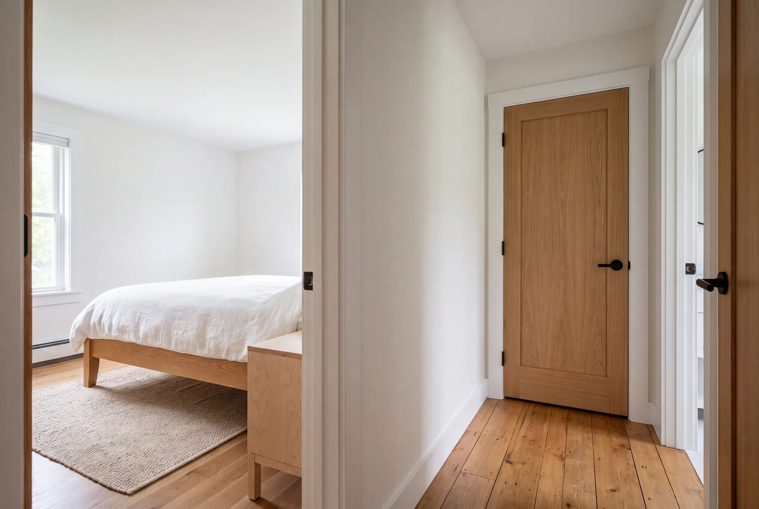 Interior view showing a bedroom with a bed and a hallway with a closed wooden door.