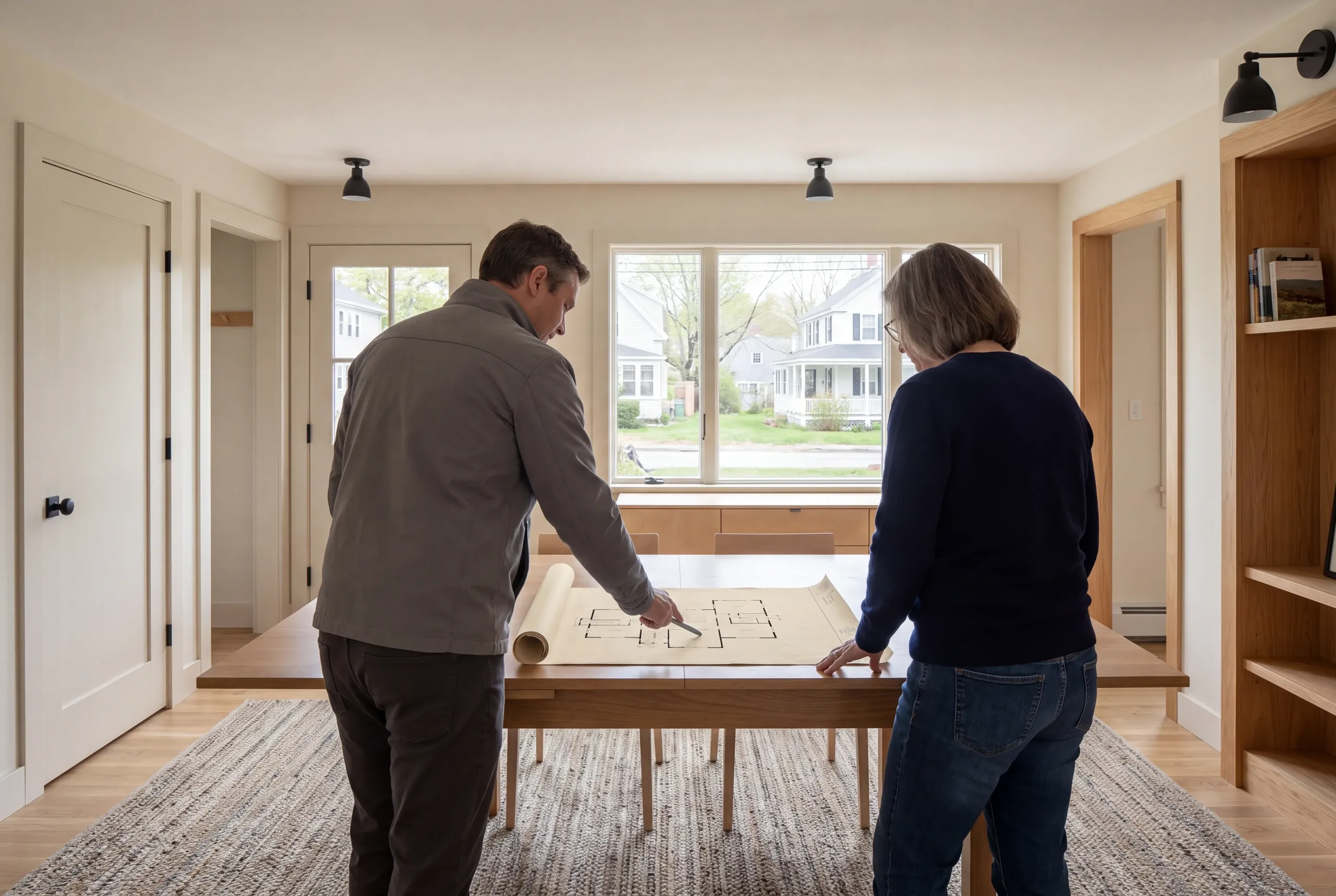 Two adults stand at a wooden table in a room, looking down at a large floor plan layout unrolled on the surface.