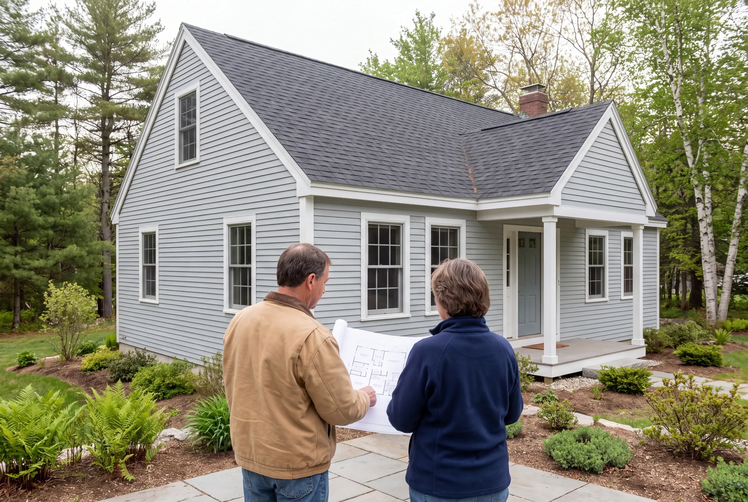 Two adults stand on a stone patio viewed from behind, holding a set of blue architectural plans in front of a gray sided house.