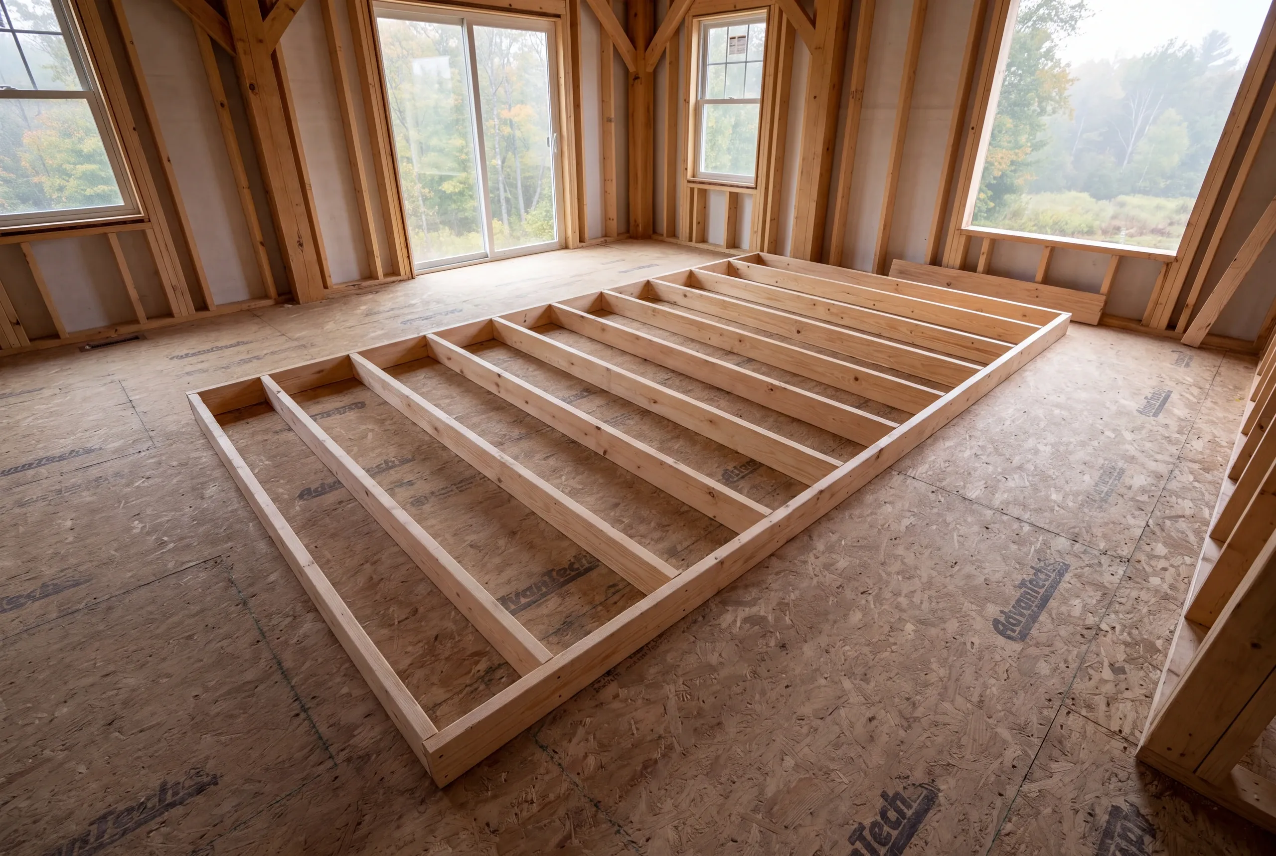 A wooden interior wall frame lies flat on a subfloor inside an unfinished timber frame room with windows.