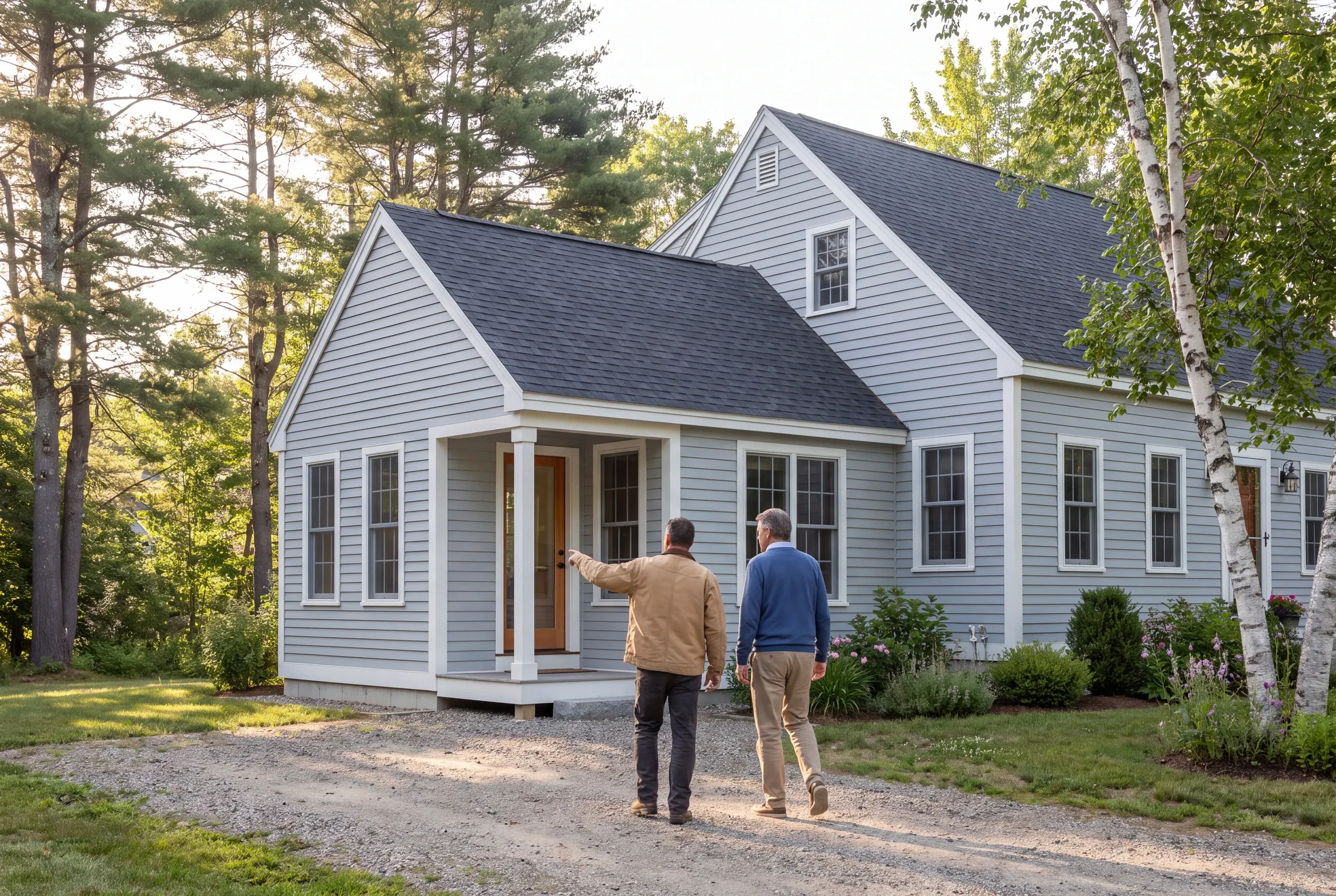 Two men stand on a gravel driveway and look toward a grey house with white trim and a small porch.
