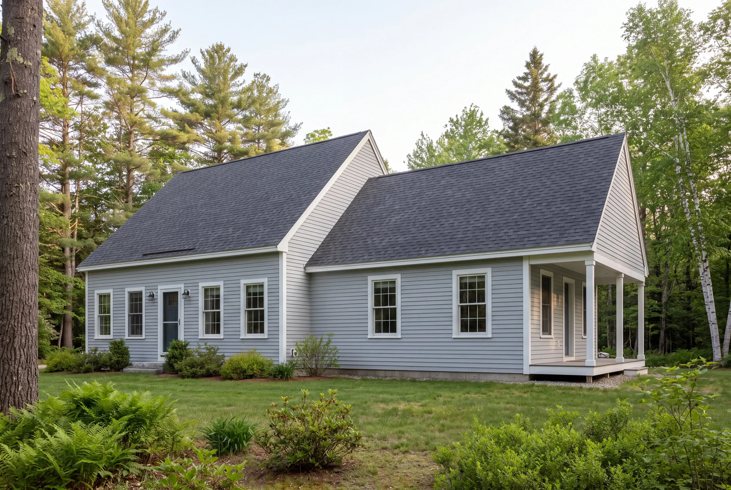 Exterior view of a gray-sided residential building with dark shingled roofs, multiple windows, a front door, and a covered porch surrounded by trees and lawn.