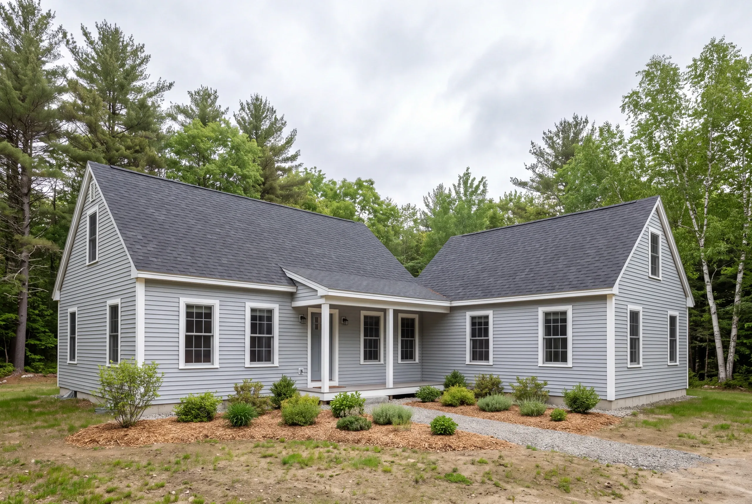 Exterior view of a gray two-story house with dark shingled roof, white trim, and a small front porch surrounded by trees and landscaping.