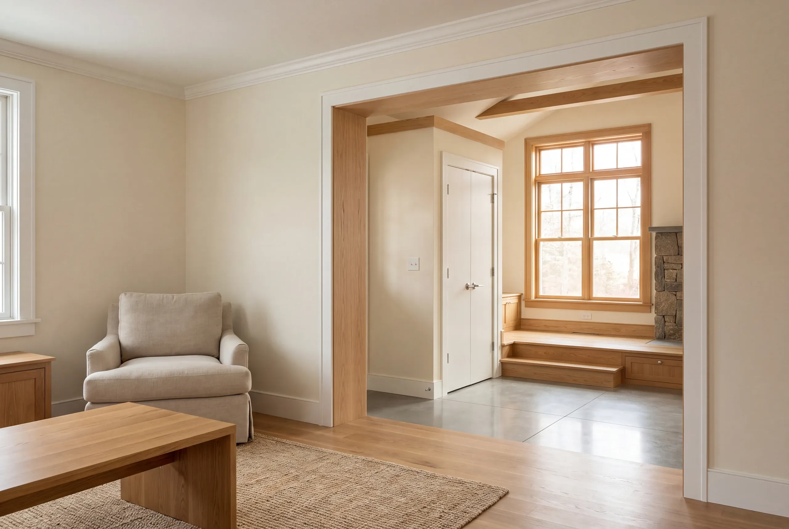 An armchair sits in a finished room next to a wide wood-trimmed opening looking into an adjacent room with a window and stone fireplace.
