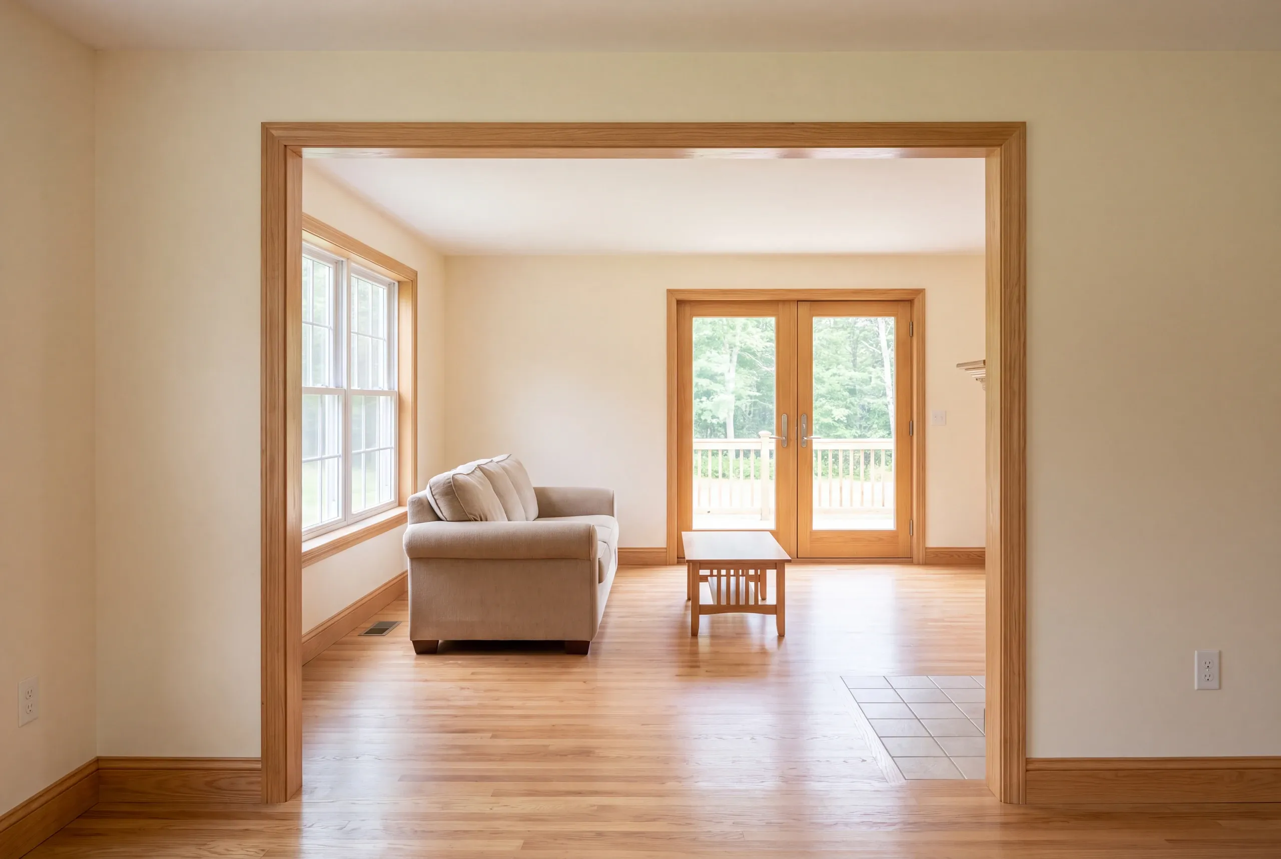 A finished family room with hardwood floors, a beige sofa, and glass double doors viewed through a large wooden doorway.