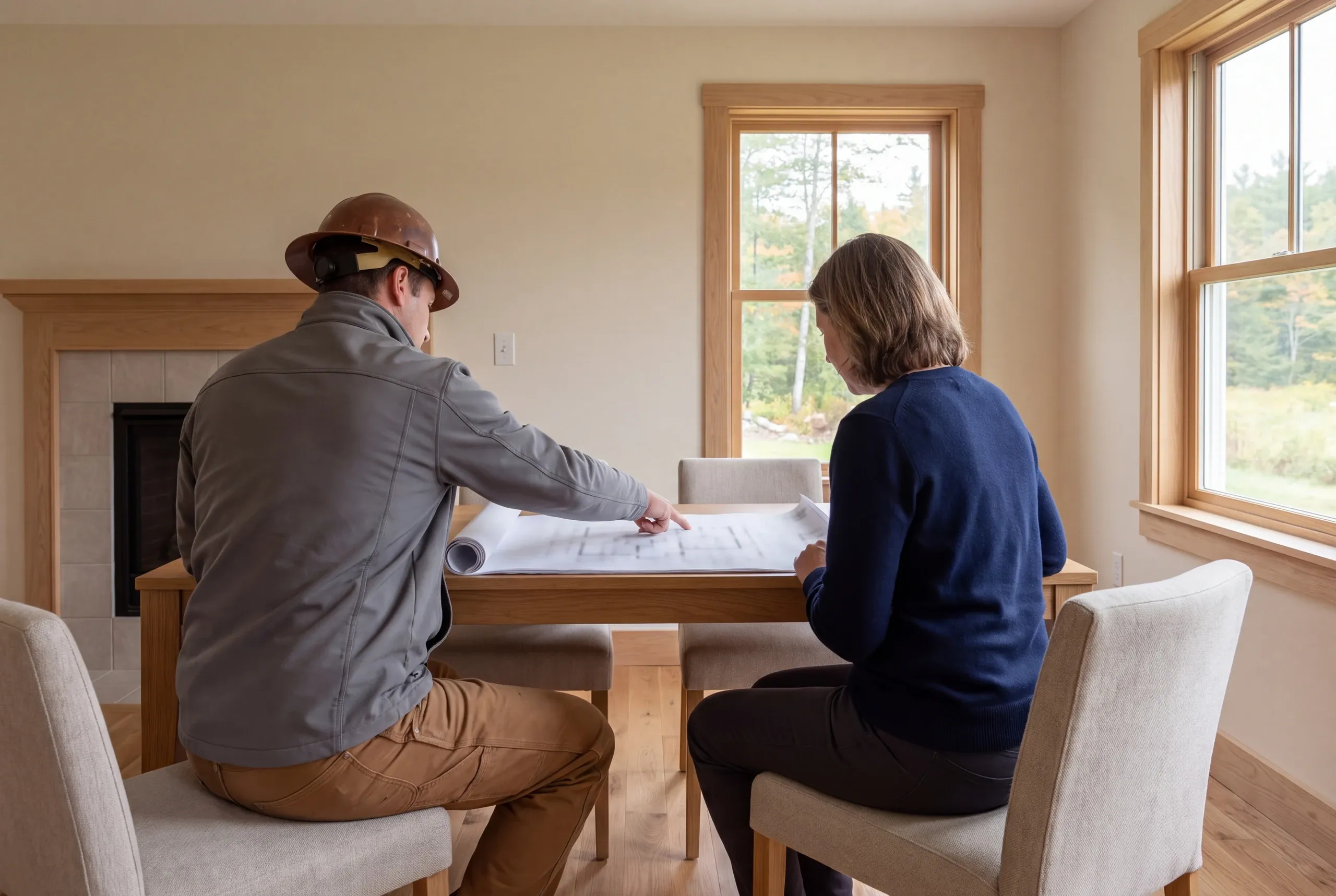 Two adults sitting at a table looking at blueprints in a room with a fireplace and windows.