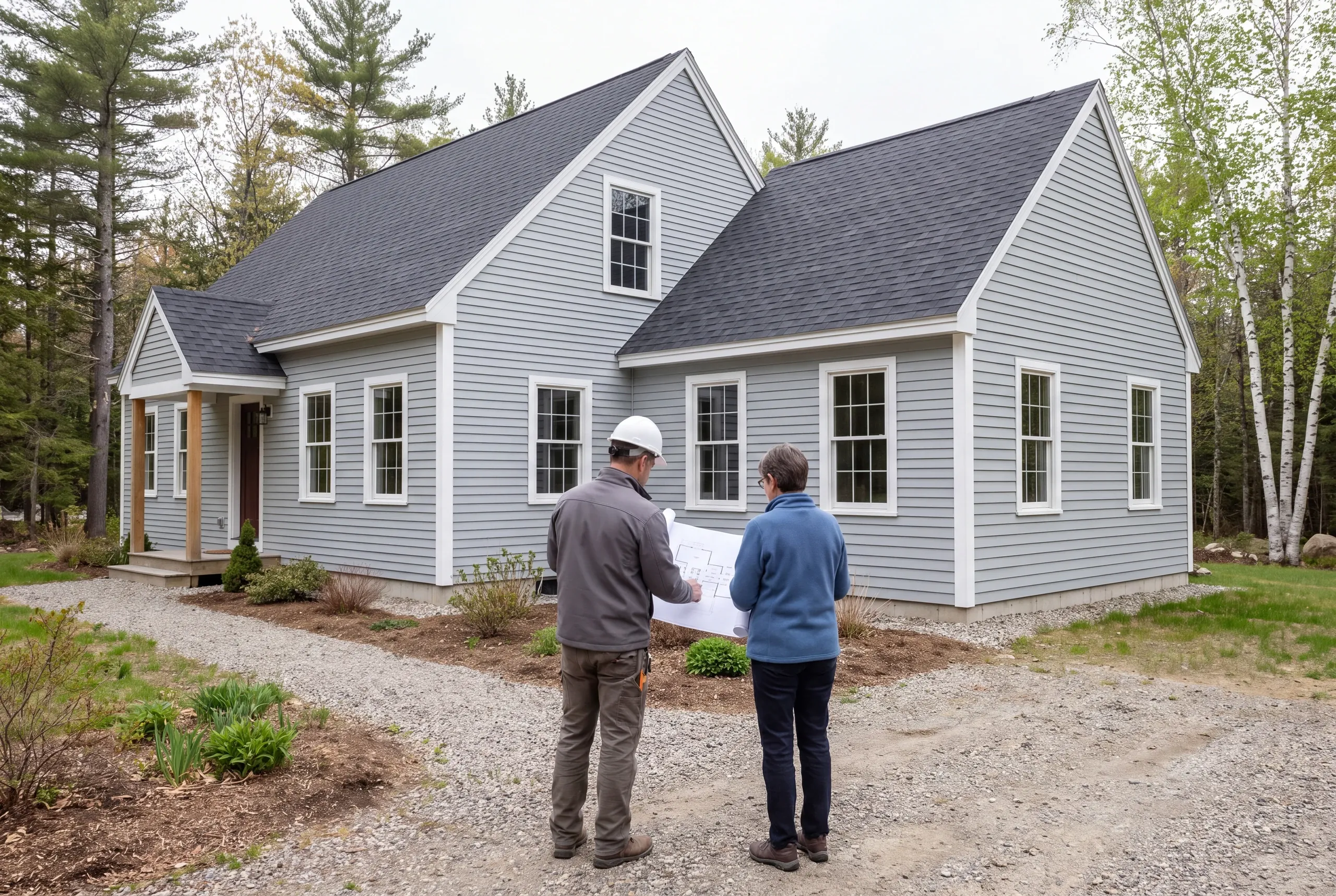 Two people viewed from behind examine a blueprint in front of a gray-sided house with a gabled roof.