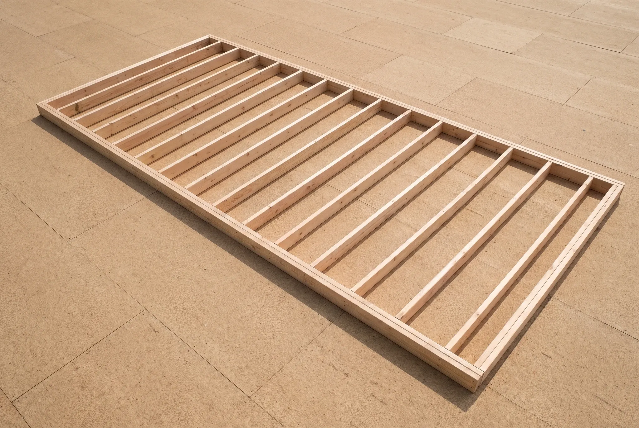 A rectangular wooden wall frame lies flat on a paneled subfloor.