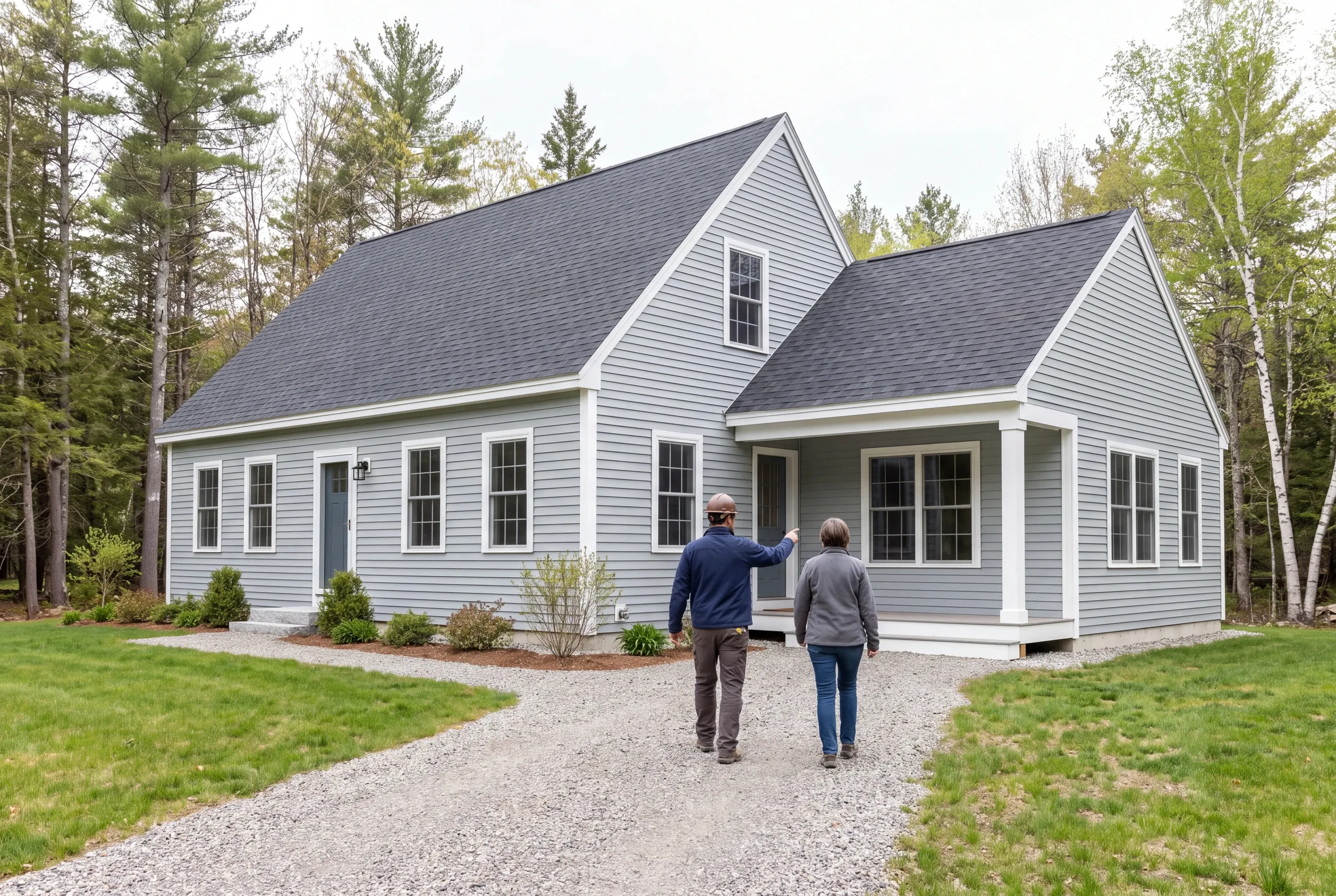 Two people walk up a gravel path toward the front porch of a gray sided house surrounded by trees.