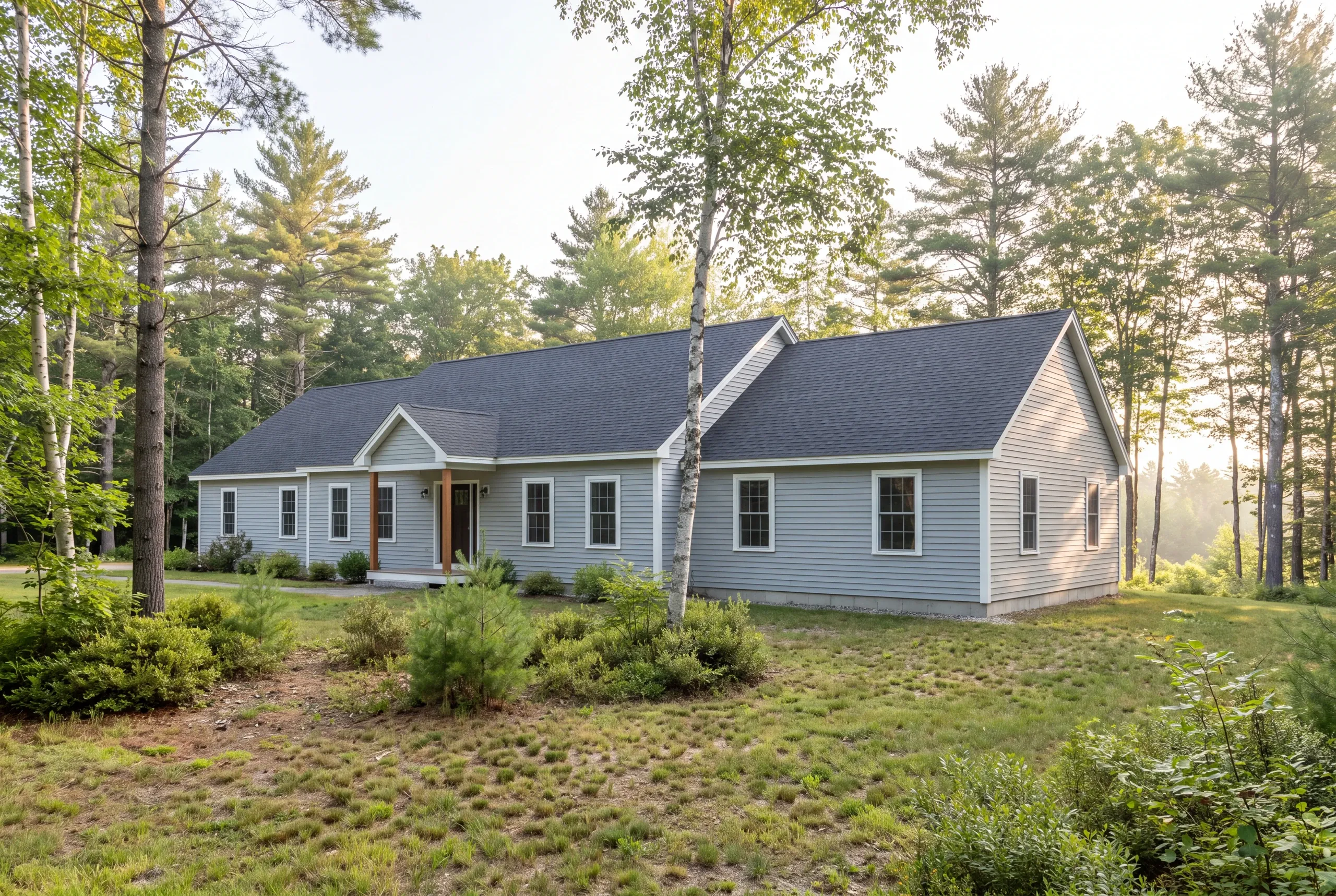 Exterior view of a single-story light gray sided house with a dark shingle roof, surrounded by trees and vegetation.