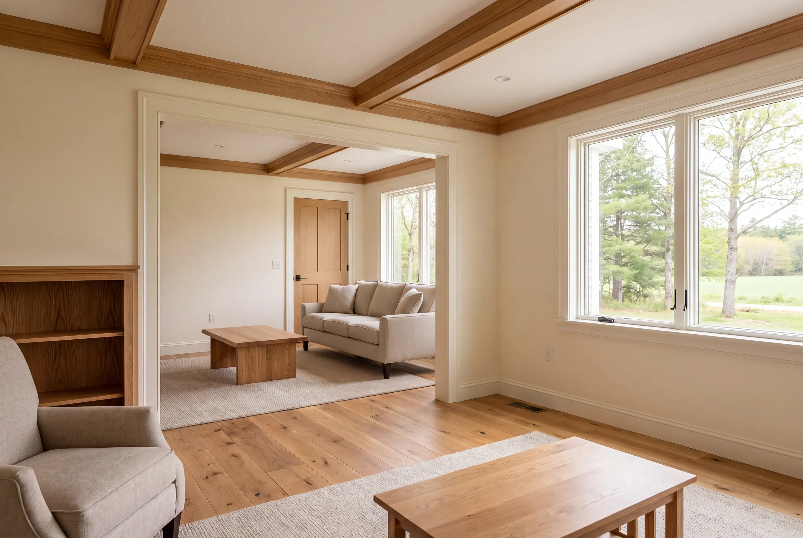 Interior view showing a finished room with wooden flooring and ceiling beams looking into an adjoining furnished family room through a wide opening.