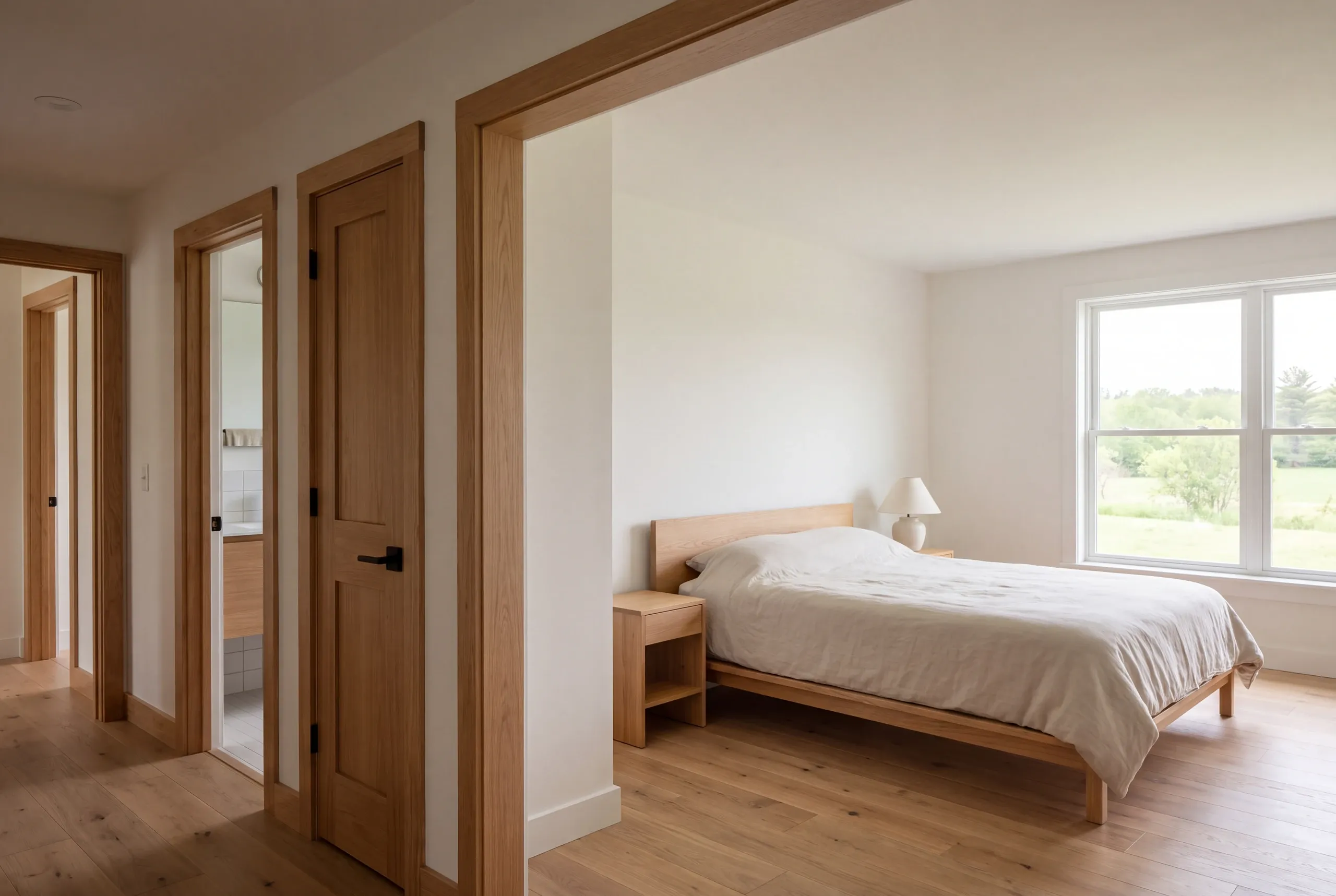 A bright bedroom with a wooden bed frame and side table is visible through an open doorway from a hallway with wooden doors.