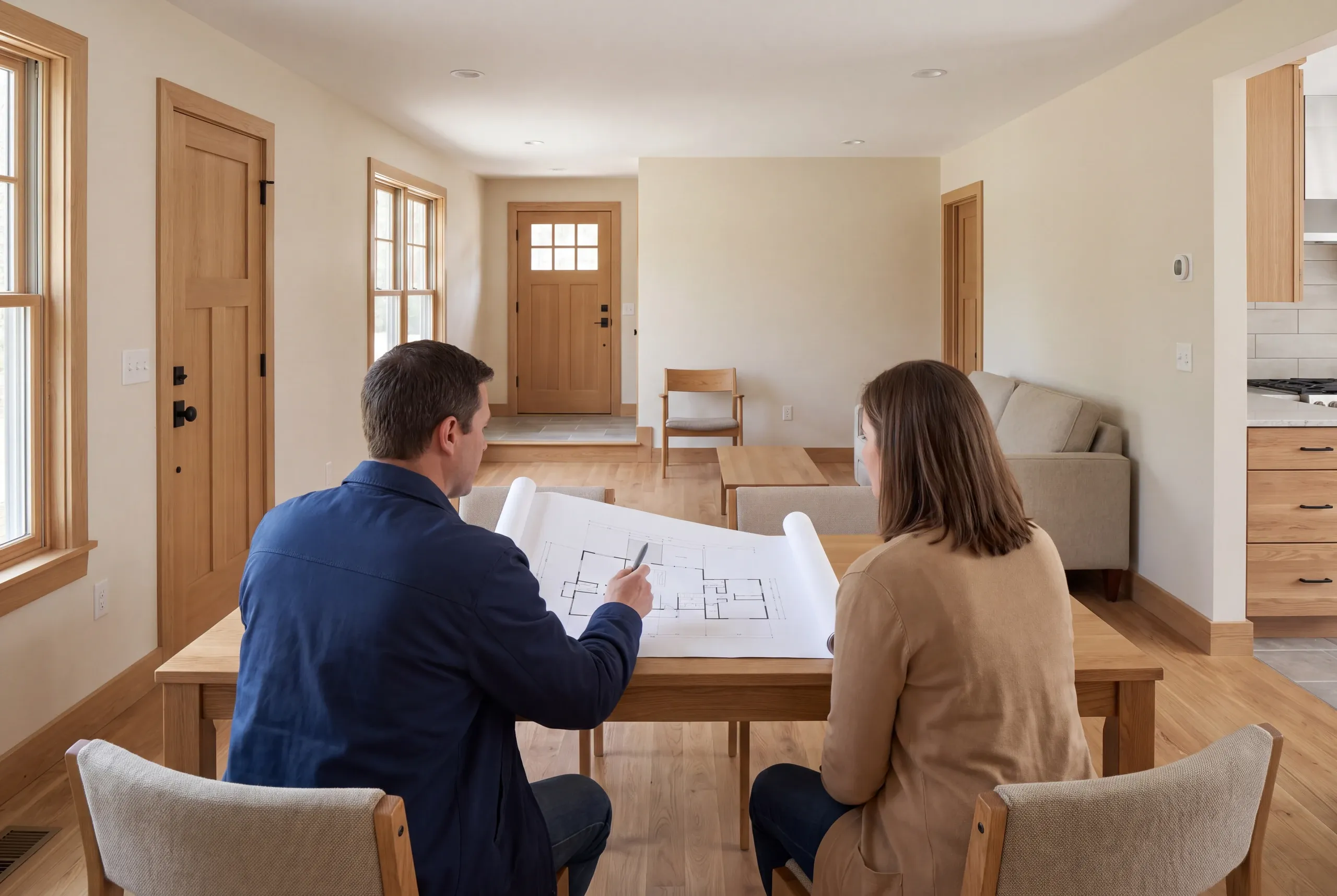 Two adults sit at a wooden table in a furnished room, reviewing a large floor plan rolled out before them.