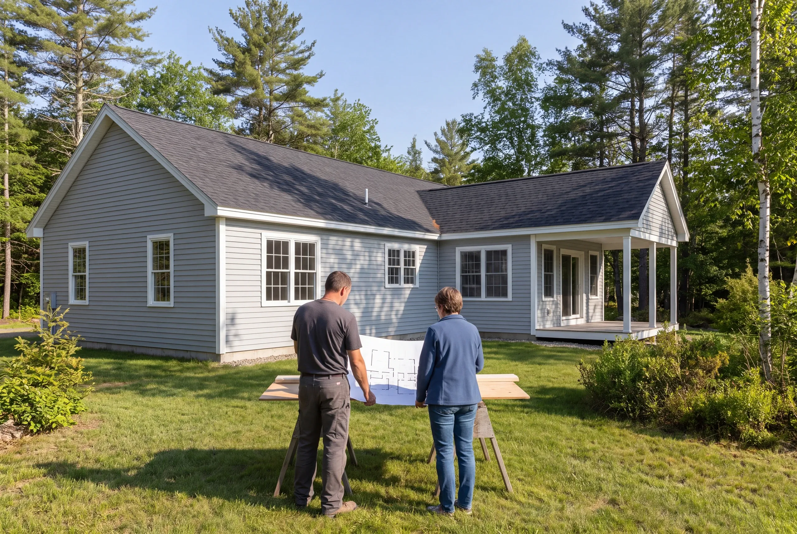 Two people viewed from behind examine a floor plan spread across a table on a lawn in front of a gray-sided single-story house.