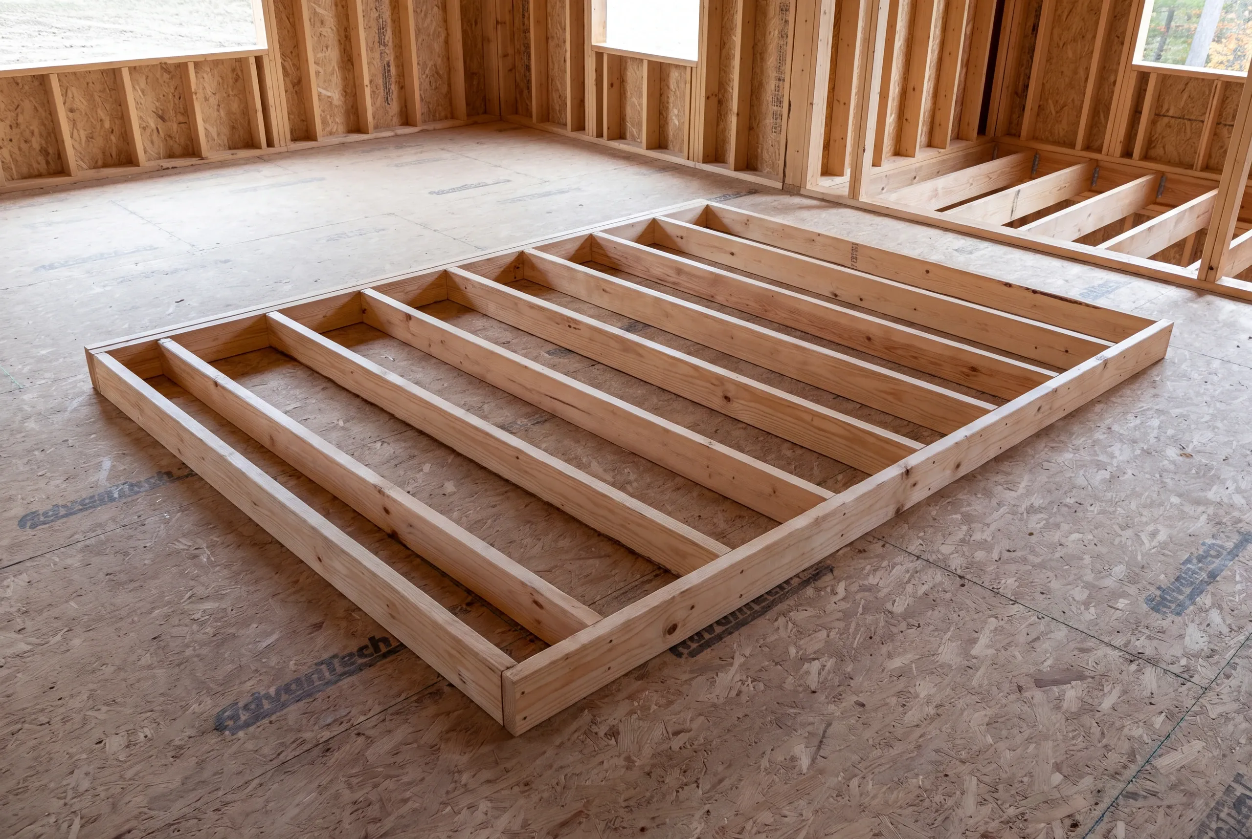 A wooden interior wall frame lies flat on a subfloor inside an unfinished building.