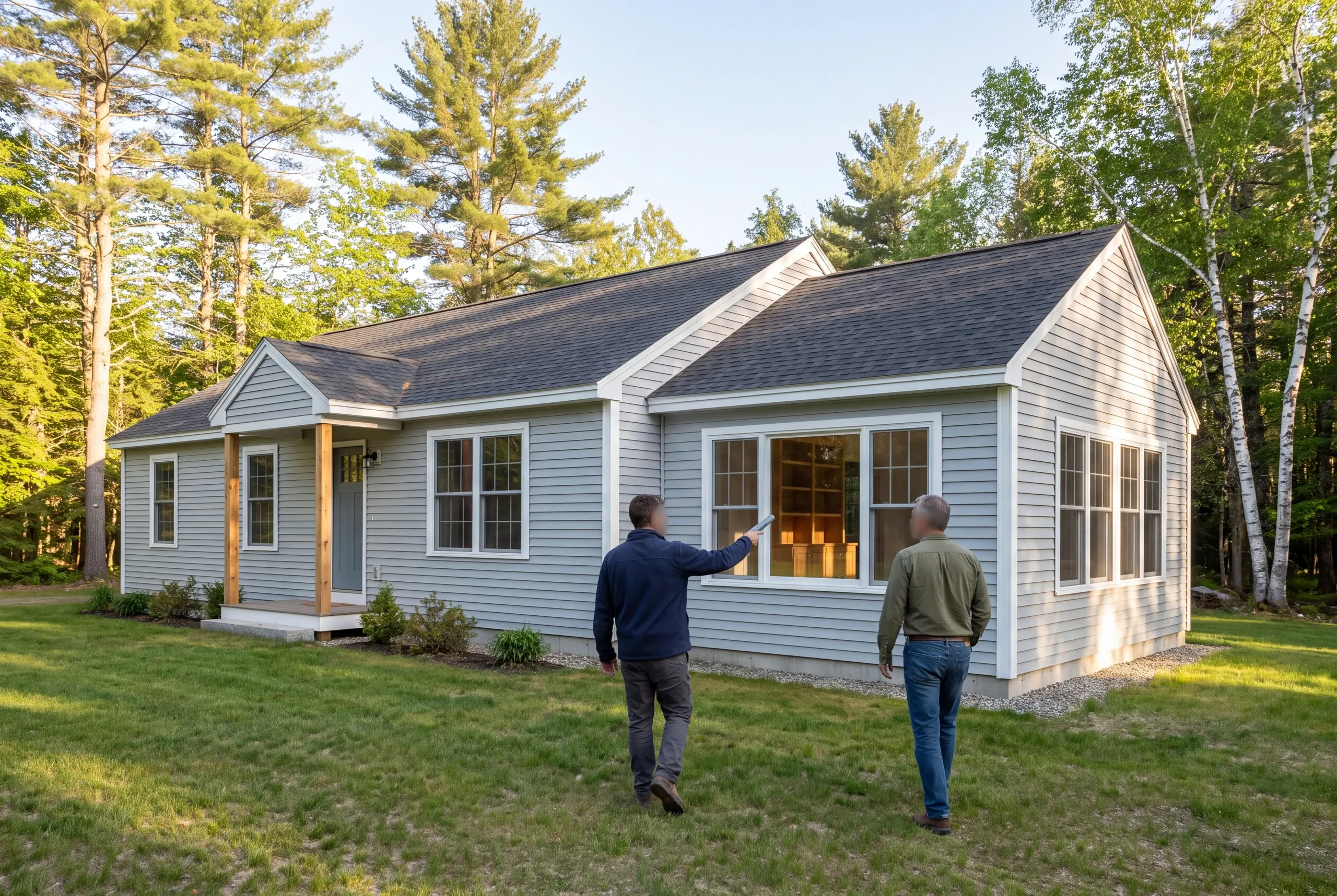 Two men stand on a lawn in front of a gray-sided one-story house with a shingled roof, trees, and windows.
