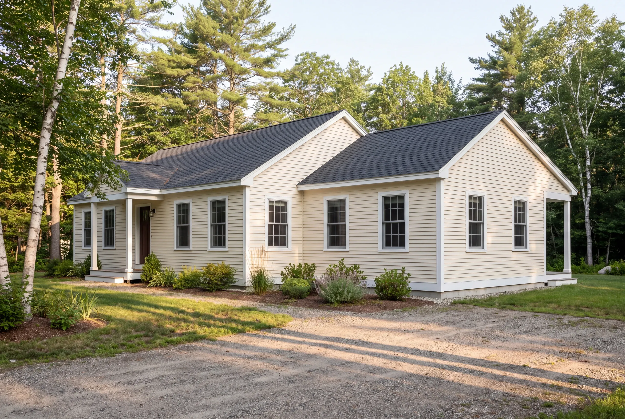 Exterior view of a light yellow single-story house with dark shingle roofs and white trim, surrounded by trees and a dirt driveway.