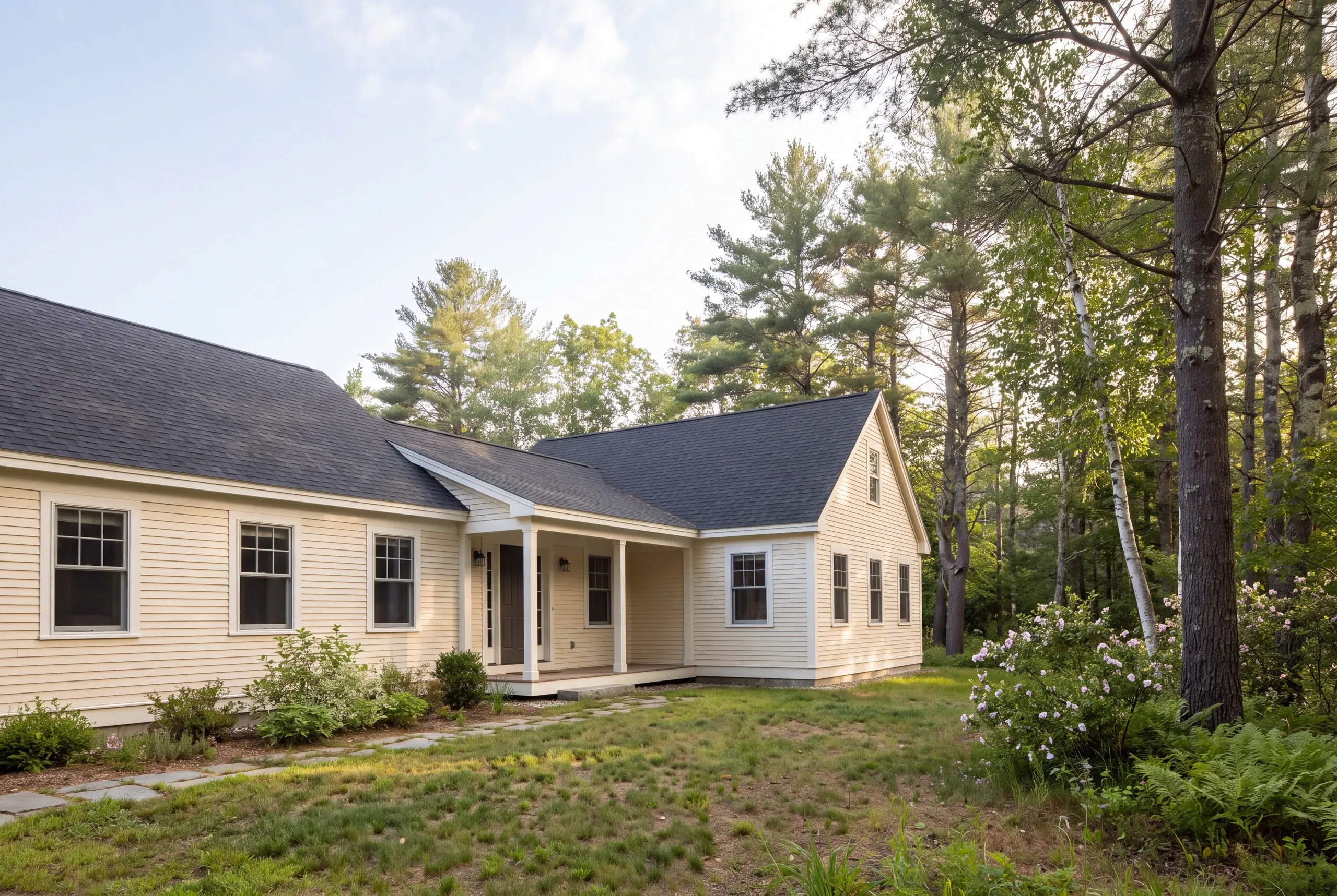 Exterior view of a single-story yellow sided home with a dark shingle roof and covered porch, surrounded by trees and lawn.