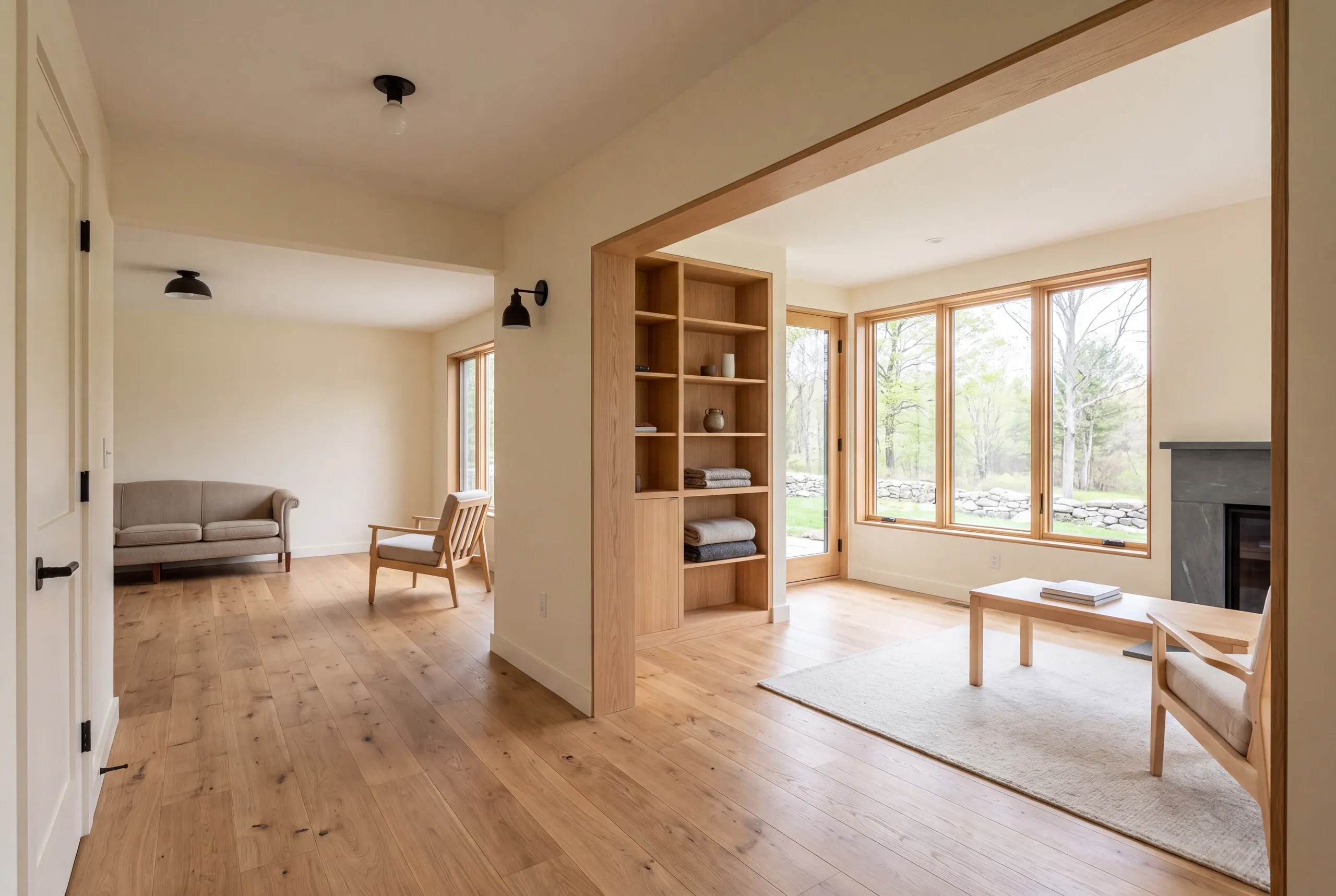 Interior view looking from a hallway into a finished room with hardwood floors, large windows, a built-in bookshelf, and a fireplace.