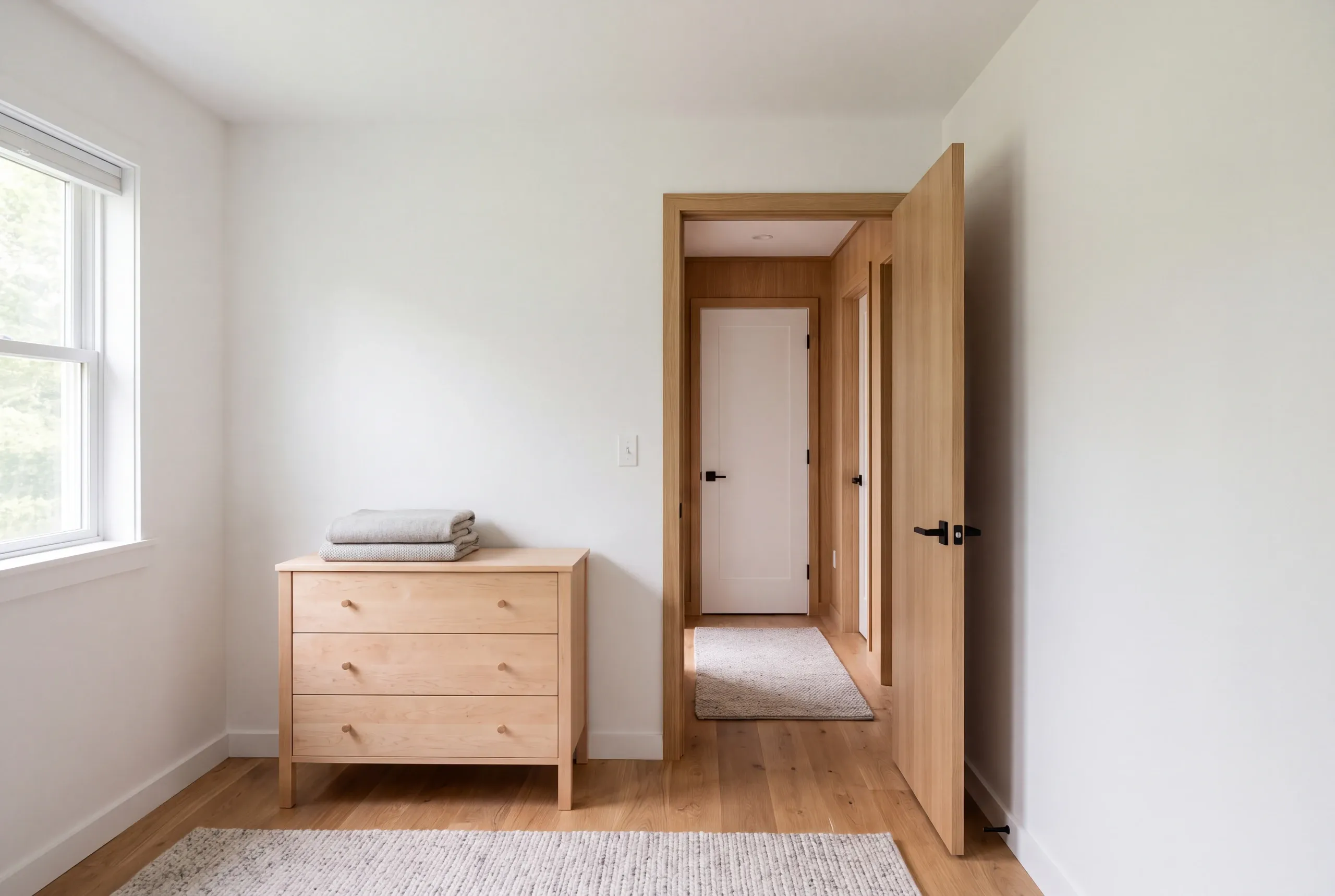 A bright bedroom with a wooden dresser and an open wooden door revealing a hallway with a white door.