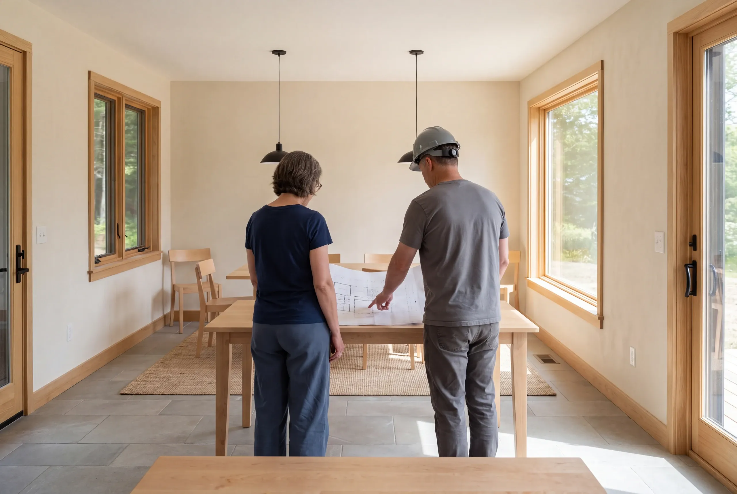 Two adults stand seen from behind at a table, with one person wearing a hard hat pointing at a blueprint.