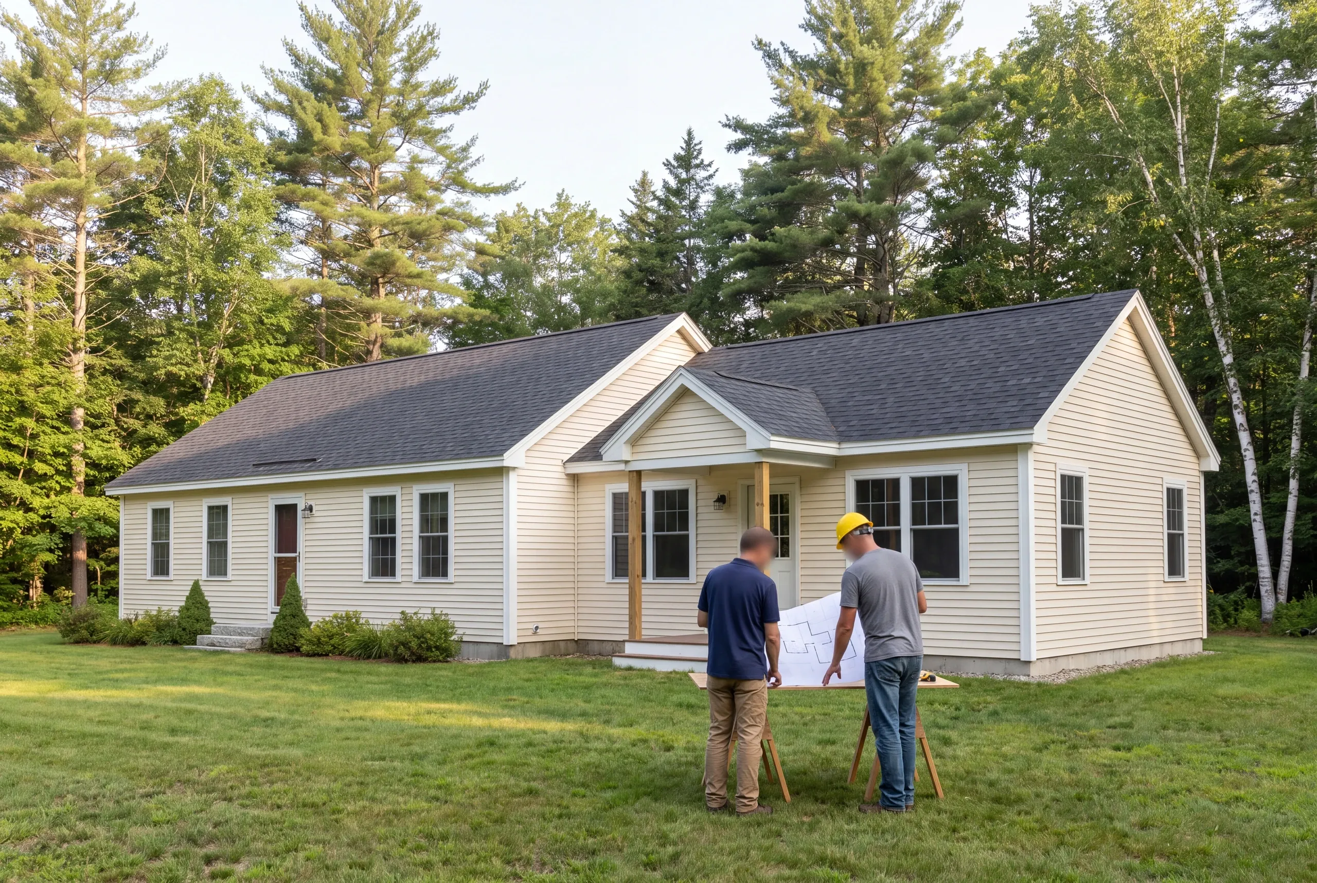 Two adults stand outdoors in a grassy yard reviewing a blueprint on a table in front of a one-story yellow house surrounded by trees.