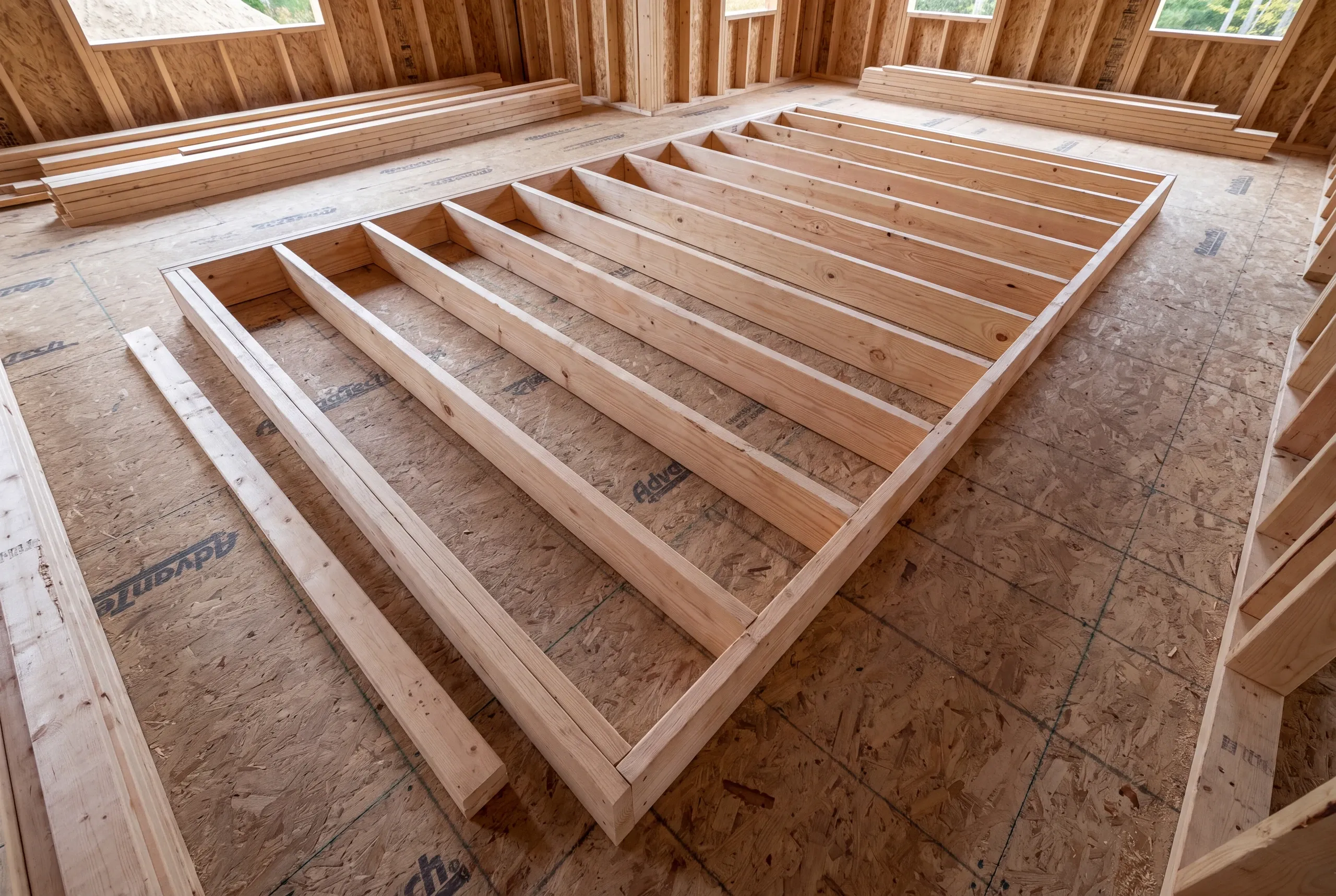 A newly constructed wooden wall frame lies flat on a subfloor inside a building under construction.