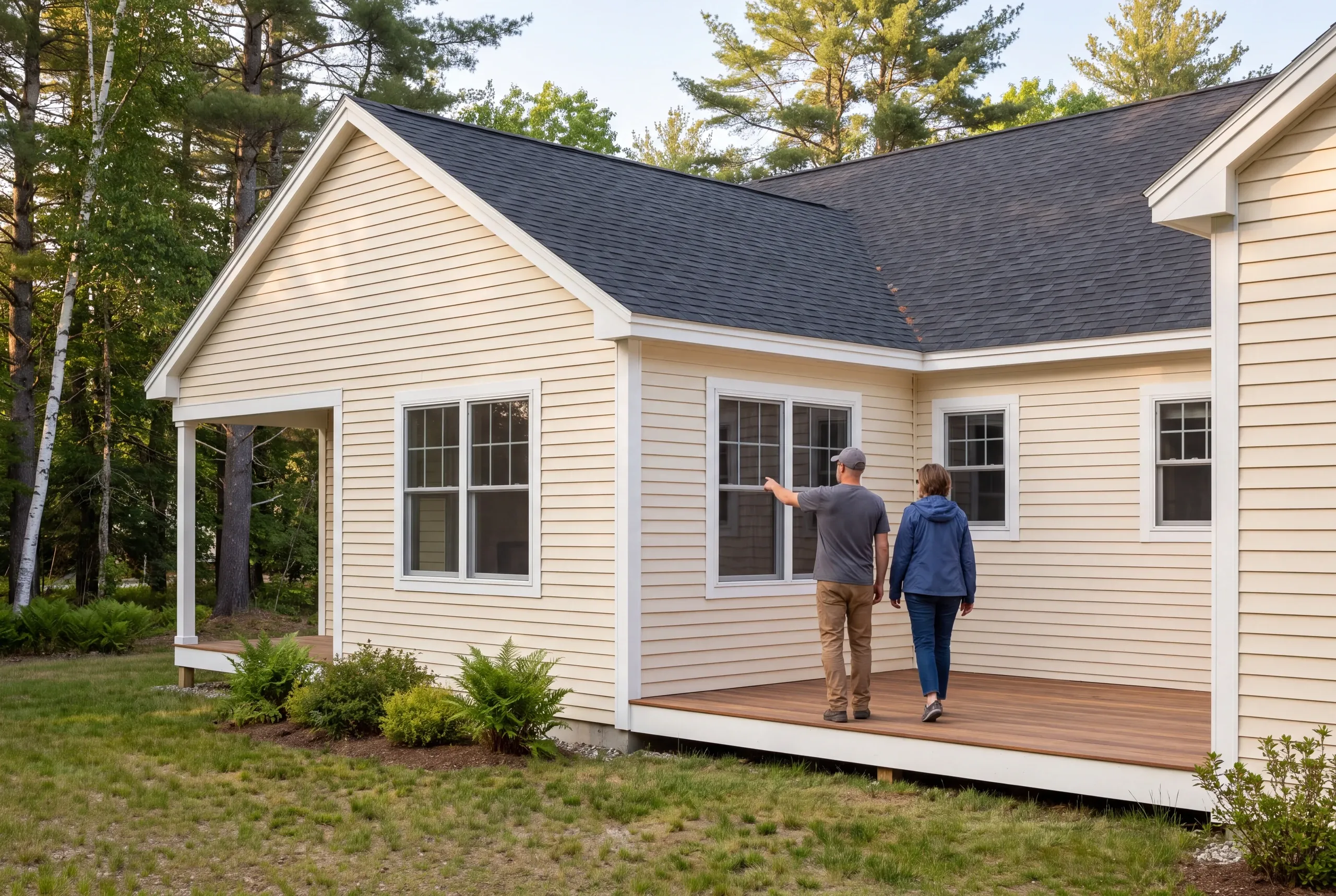 Two adults stand on a wooden deck outside a light yellow sided house, with one person pointing toward a window.