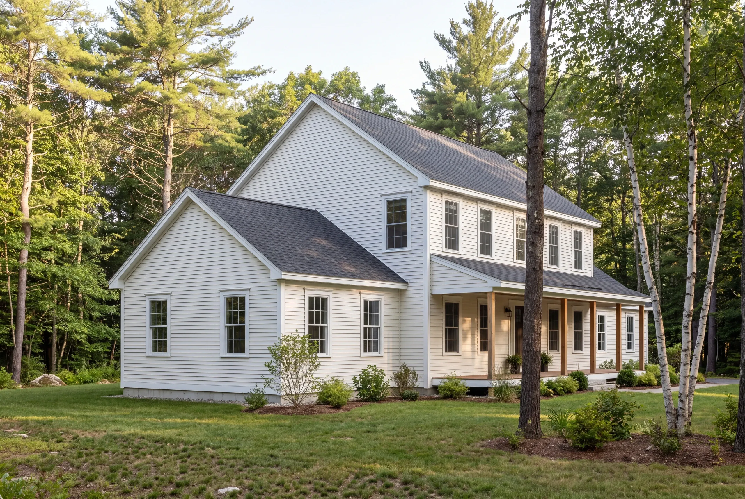 Exterior view of a two-story white house with a gabled addition, porch, and surrounding trees.