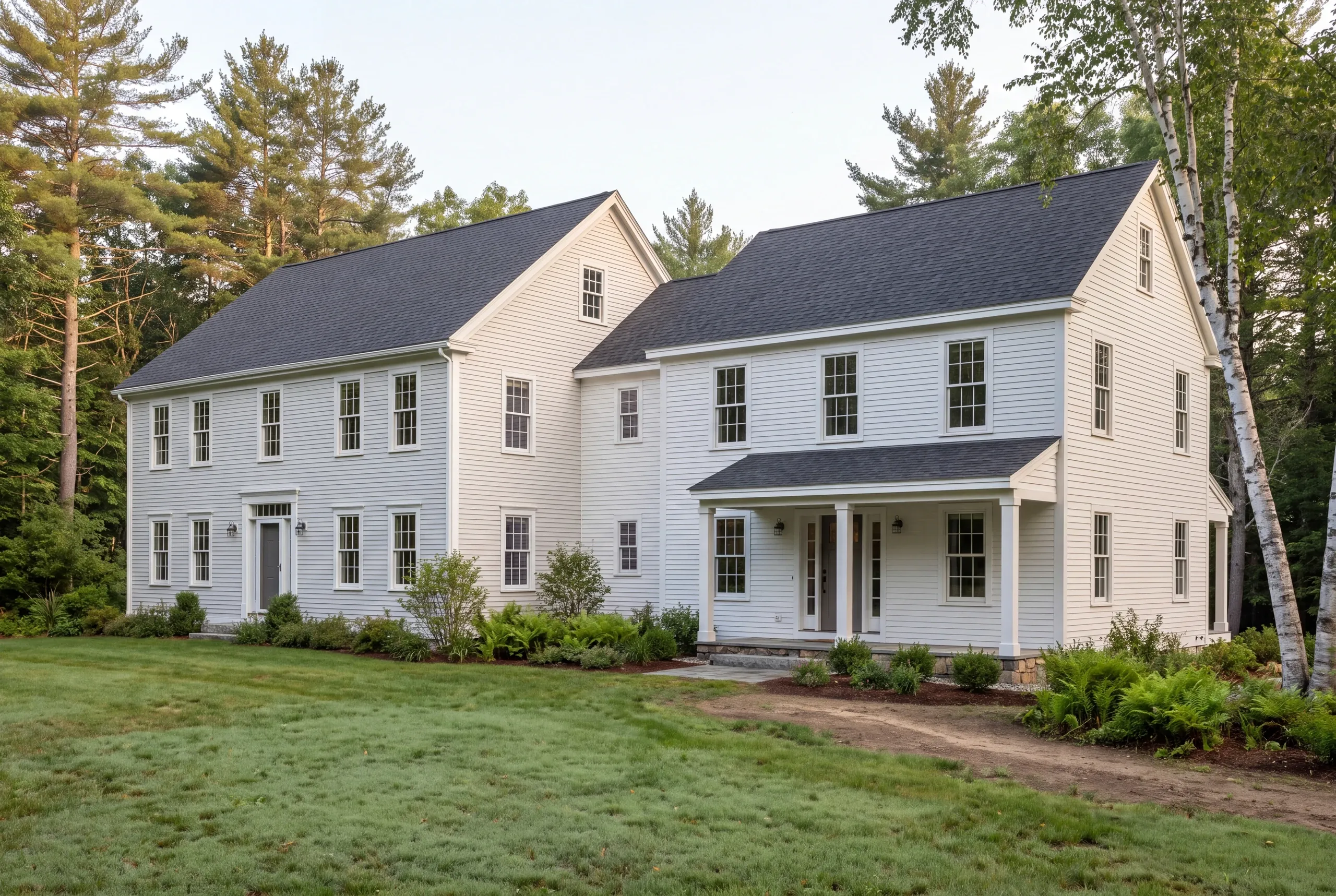 Exterior view of a large white two-story house with dark shingle roofs and multiple windows surrounded by trees and a lawn.
