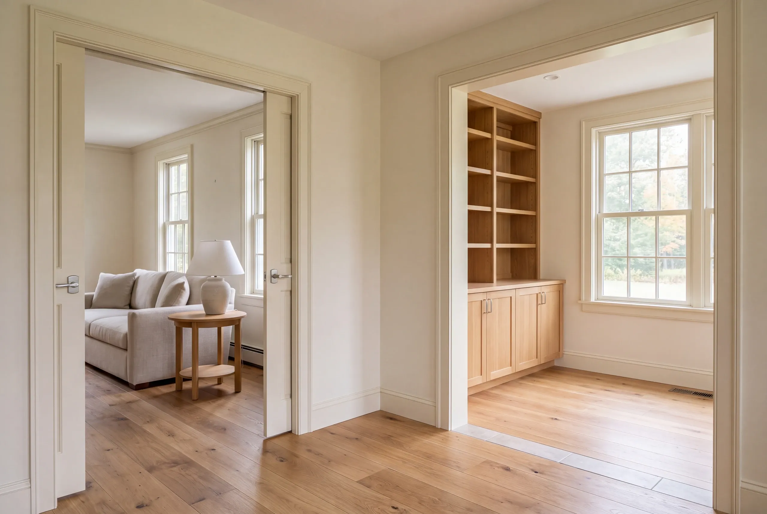 Interior view showing a finished connection between rooms with hardwood floors, a sofa visible through one doorway, and built-in wooden shelving through another.