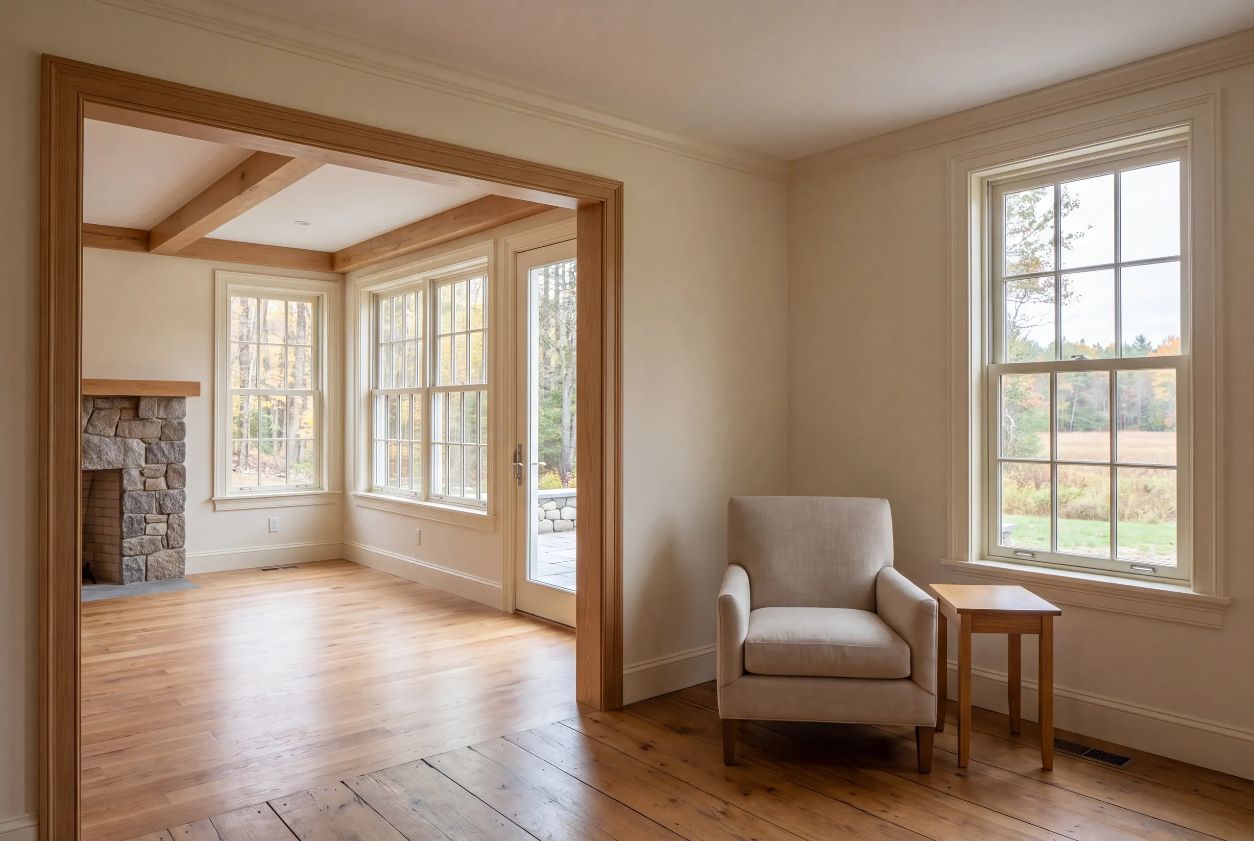 Interior view showing a finished room with hardwood floors, a stone fireplace, and a large opening leading to an adjacent sitting area with a single armchair and side table.