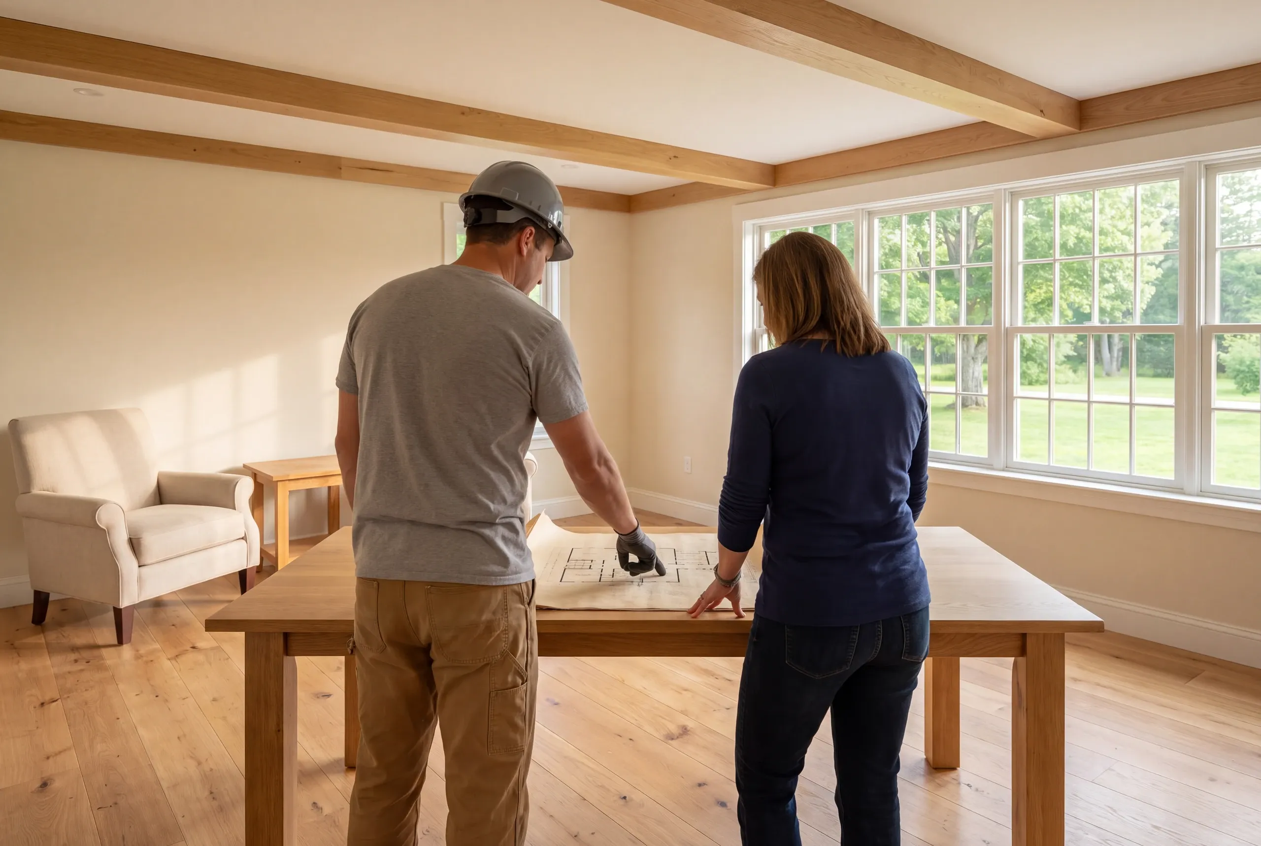 A builder wearing a hard hat and a woman stand behind a wooden table, looking down at a floor plan spread across it in a bright room with exposed wooden ceiling beams and large windows.
