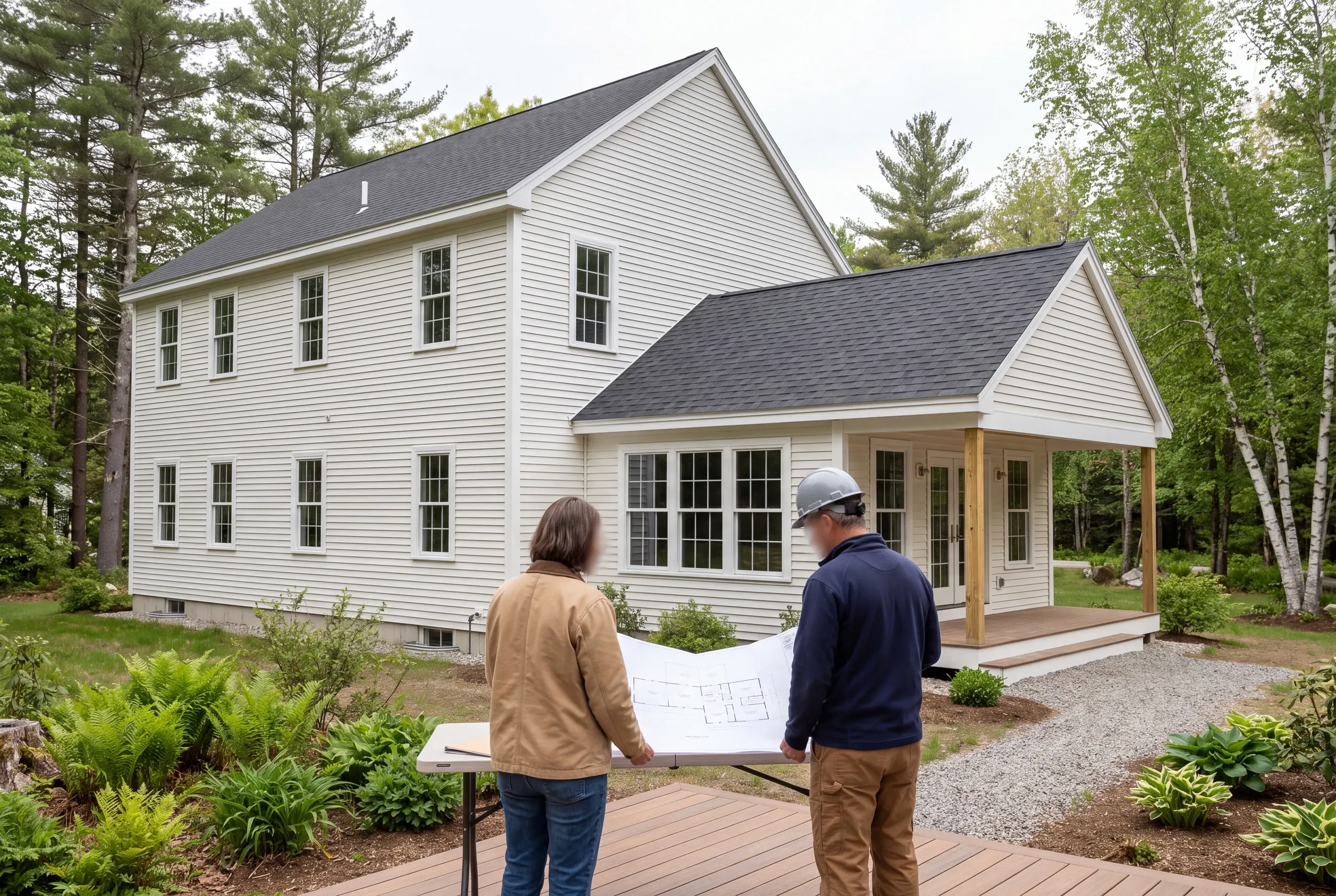 Two people standing outside a two-story white house with an attached addition while looking at a blueprint on a table.