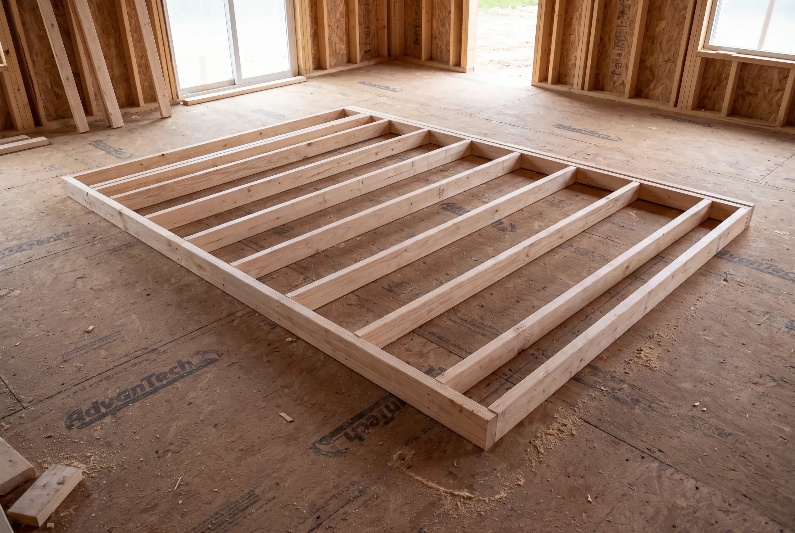 A newly constructed wooden wall frame lies flat on a subfloor inside a building under construction.