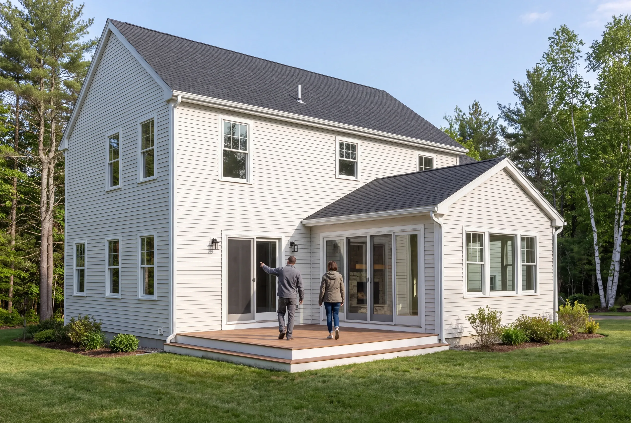 Two adults stand on a wooden deck outside the rear of a two-story white sided house with an attached single-story addition.