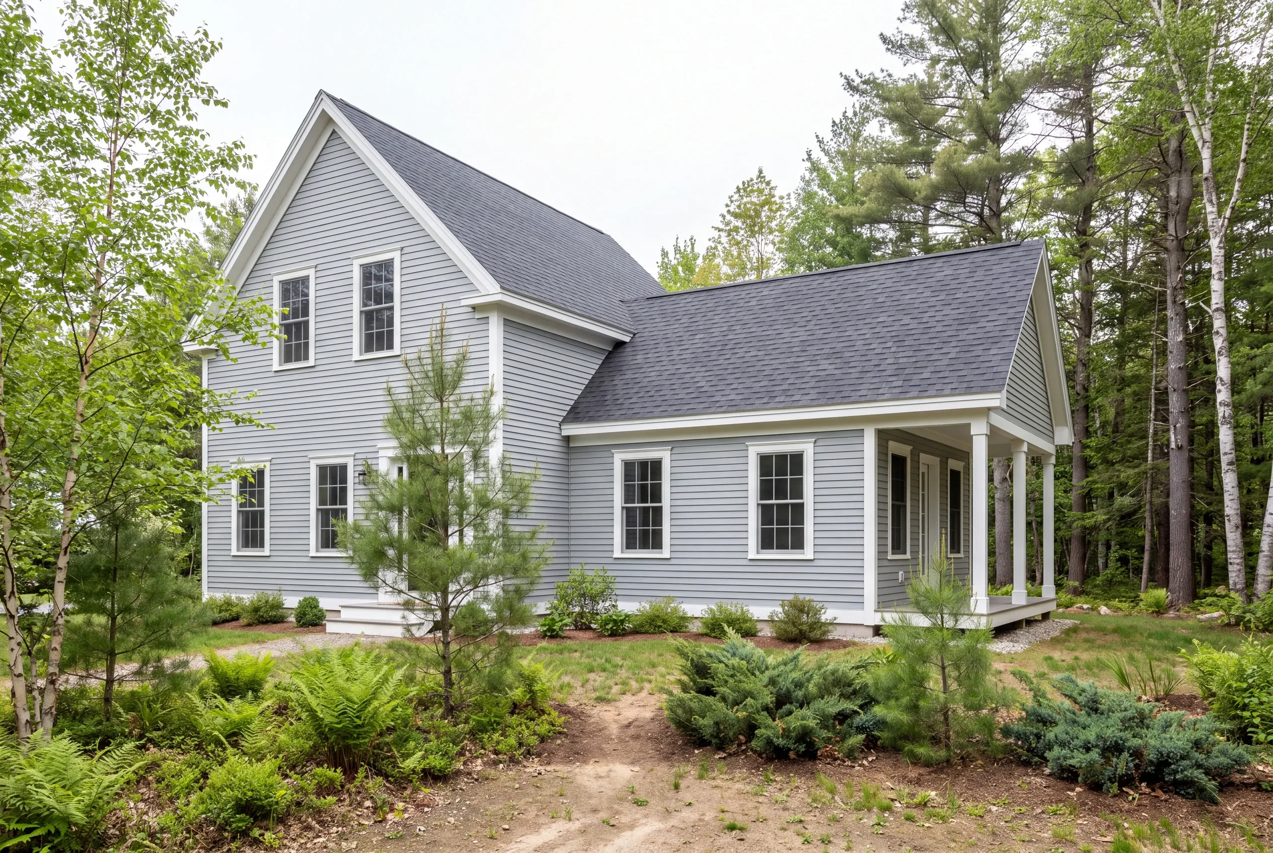 A two-story grey-sided house with a matching single-story addition and covered porch surrounded by trees and greenery.
