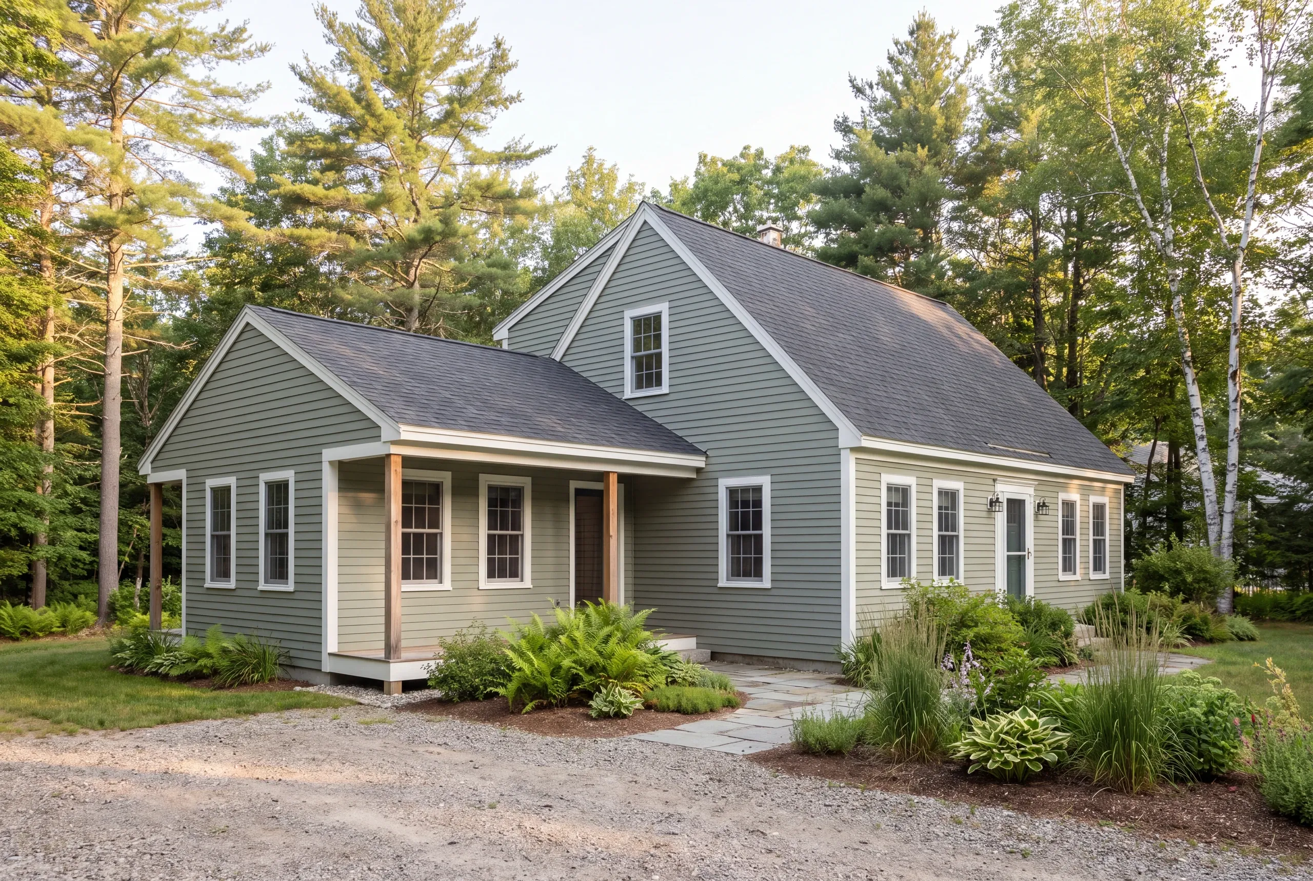 An exterior view of a green sided house with a shingle roof and surrounding trees.