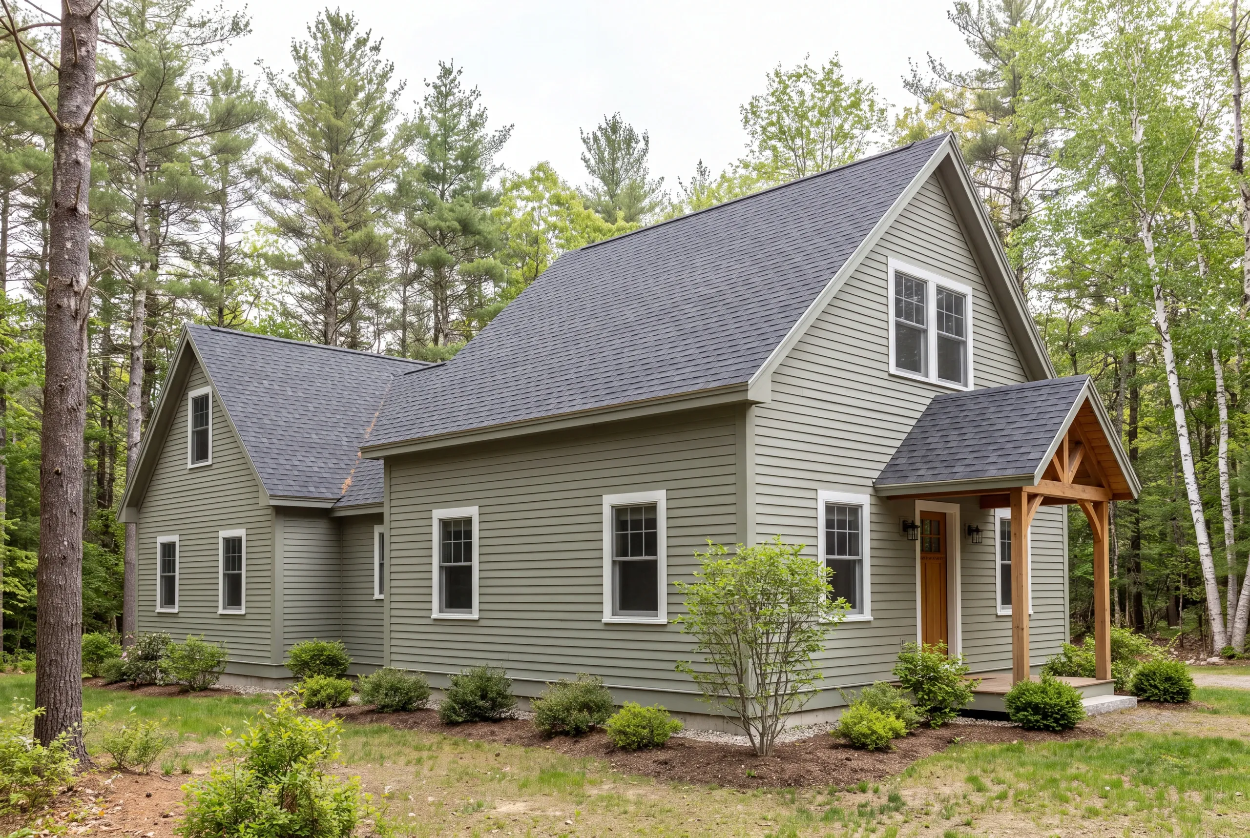 Exterior view of a green sided house with a dark shingle roof, a covered wooden porch entrance, and surrounding trees.