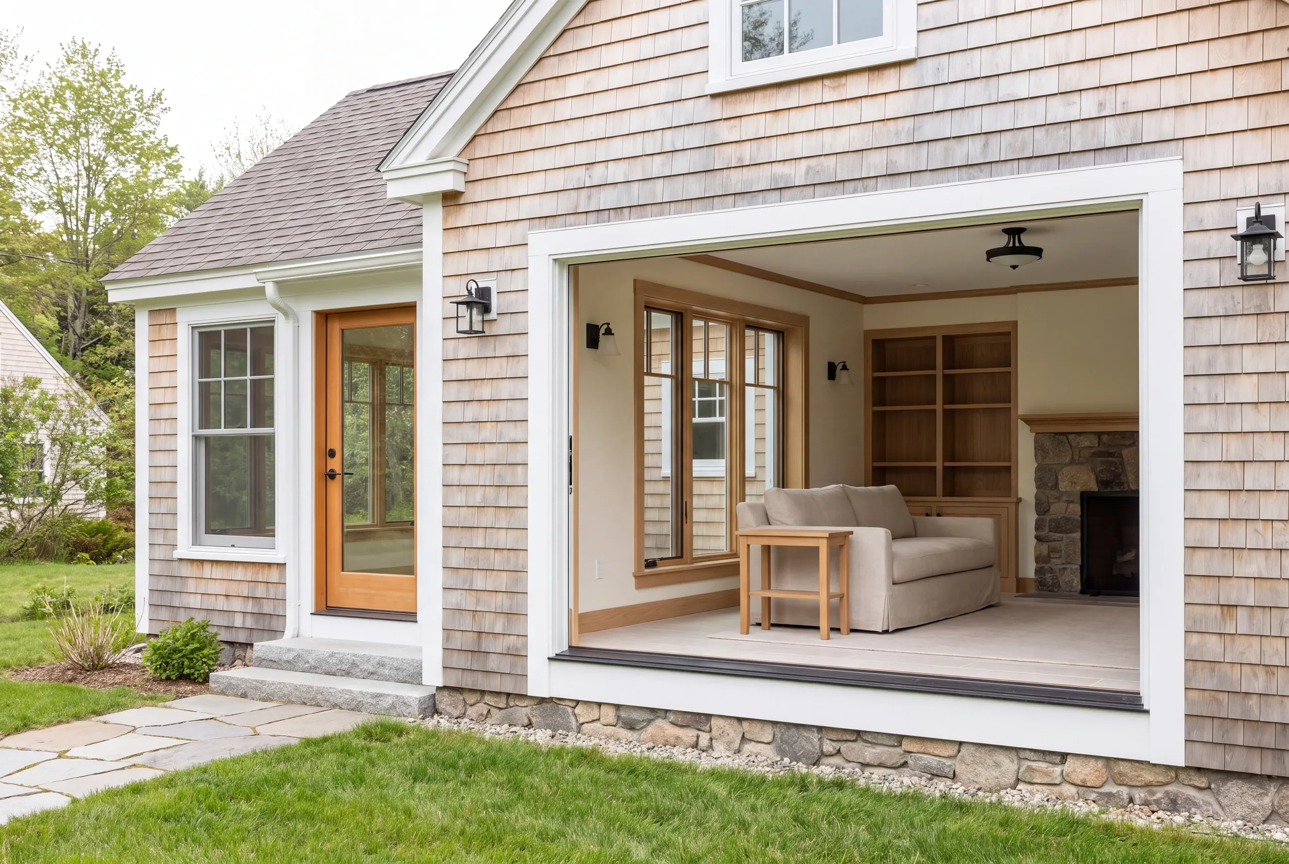 Exterior view of a house with a wide open connection showing an interior living room with a sofa and fireplace.