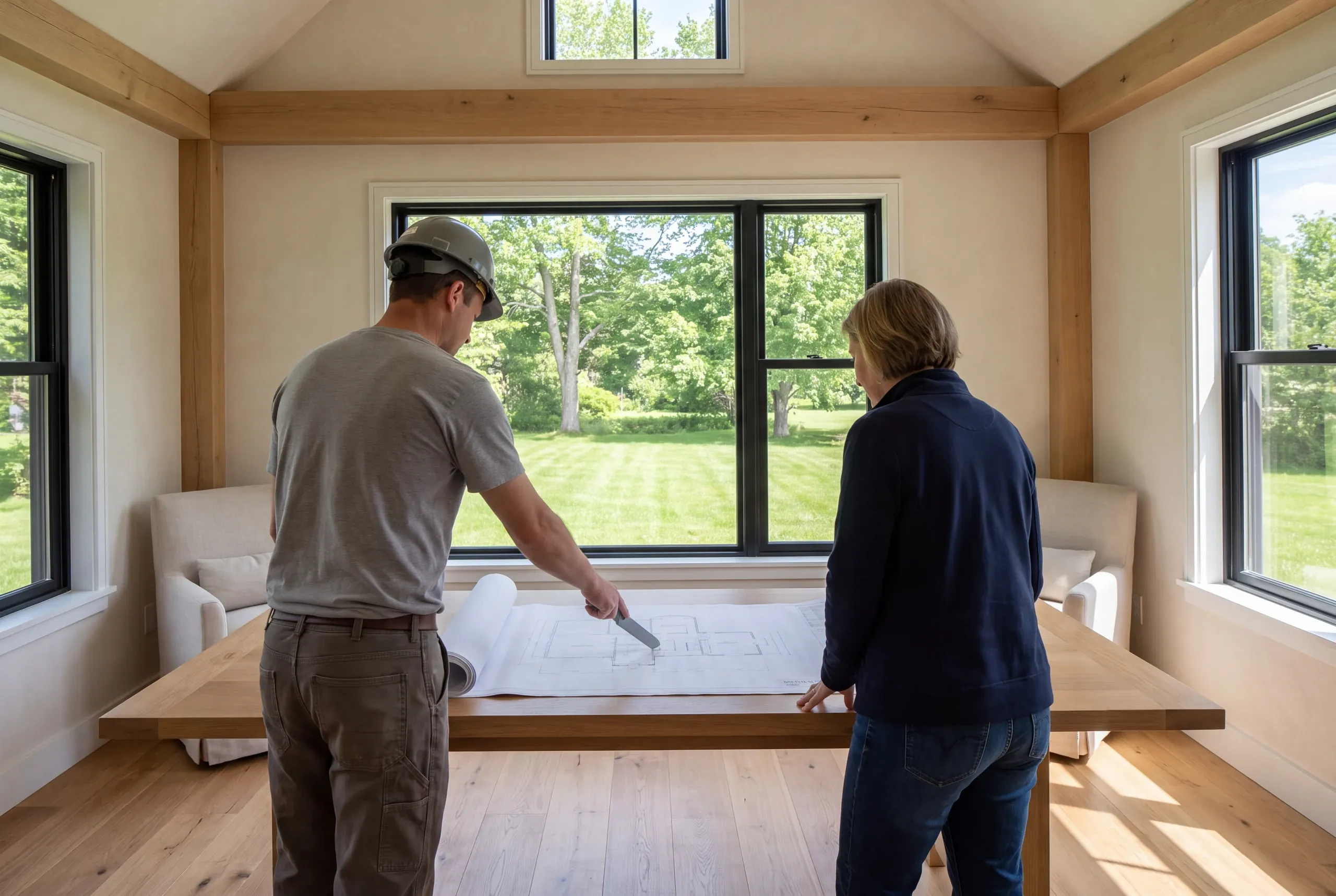 Two adults stand at a wooden table in a sunlit room, looking down at a large floor plan blueprint.