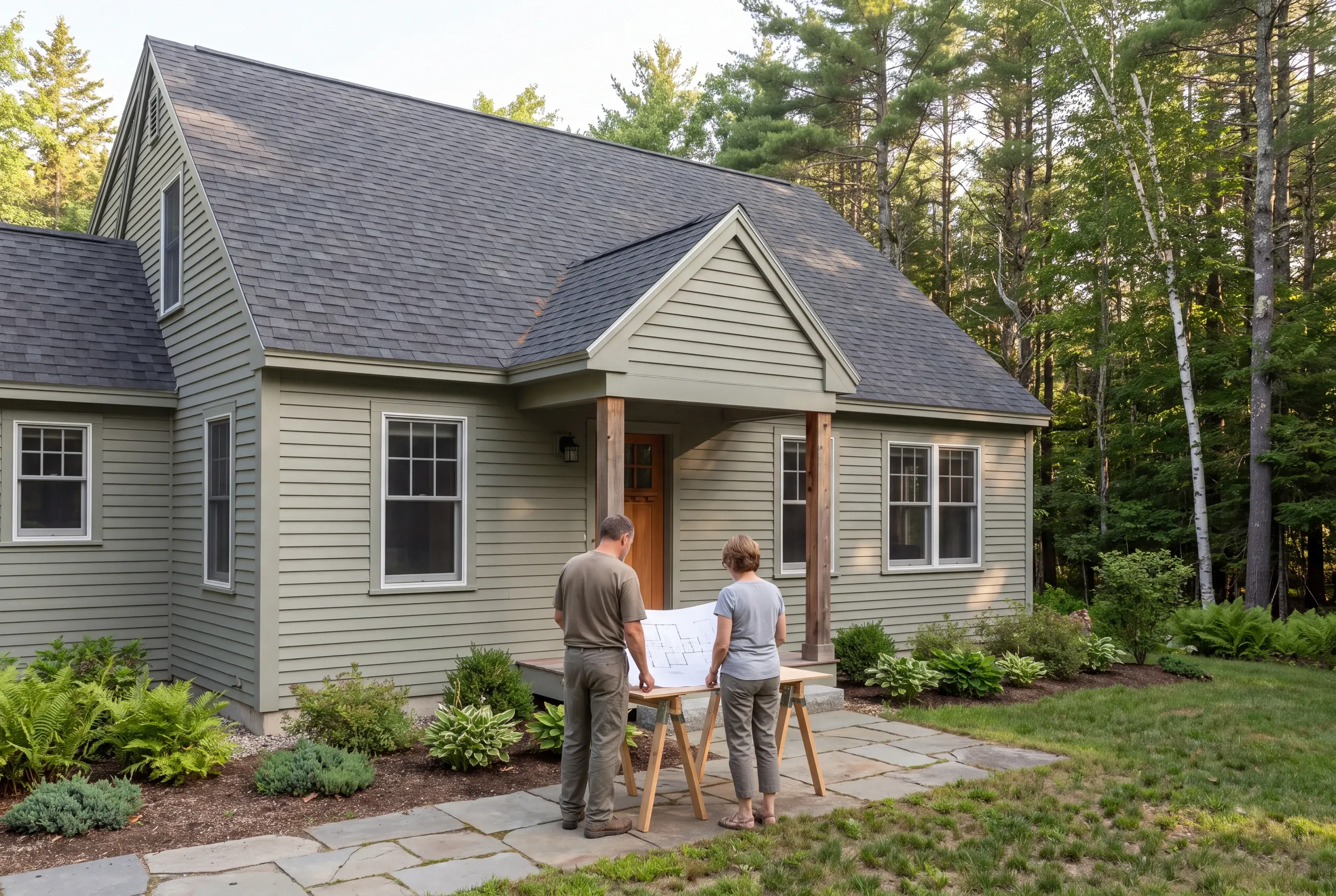 Two adults stand outside a two-story green-sided house, reviewing a blueprint spread across a wooden sawhorse table.