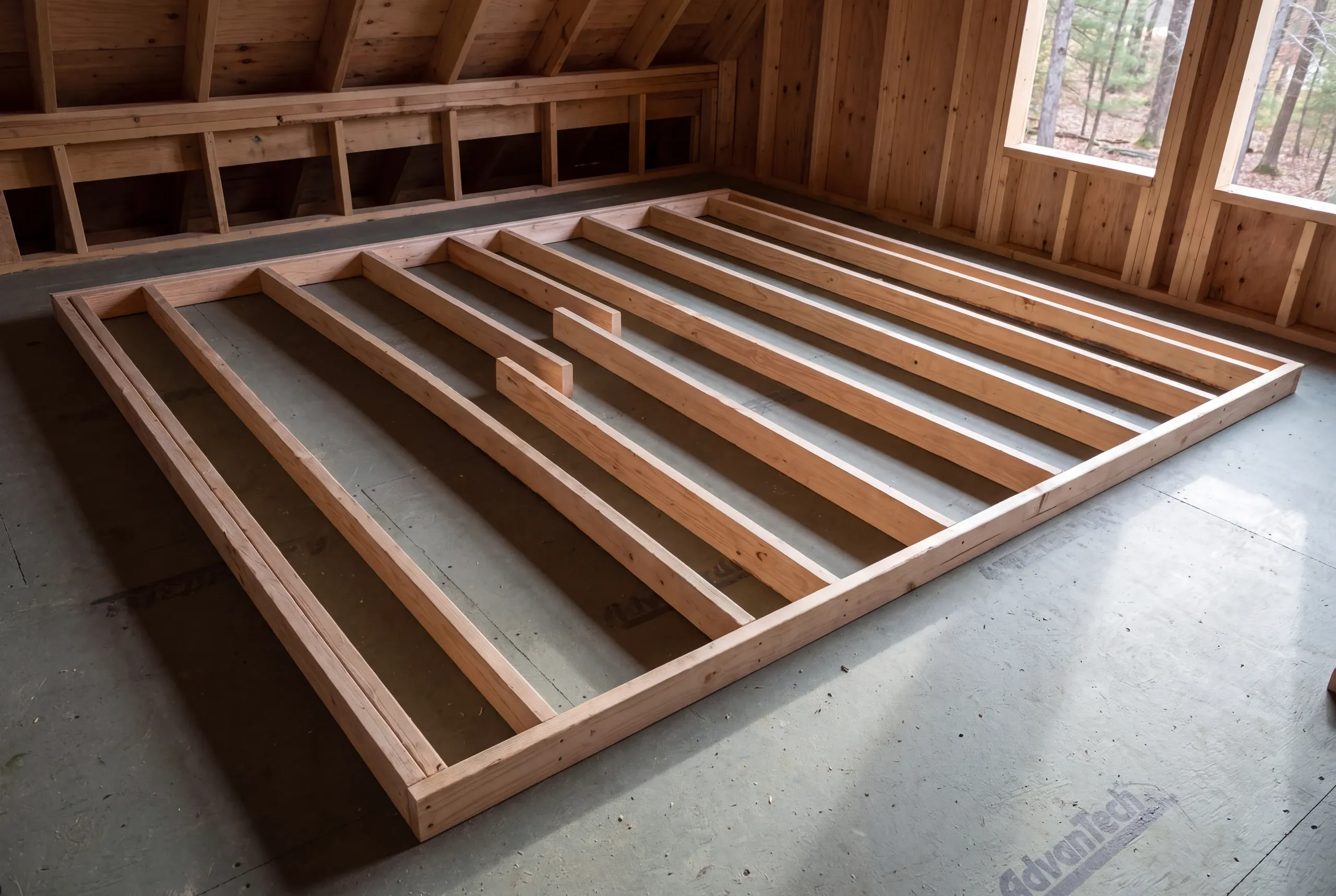 A wooden wall frame lies flat on a subfloor inside an unfinished wooden room.