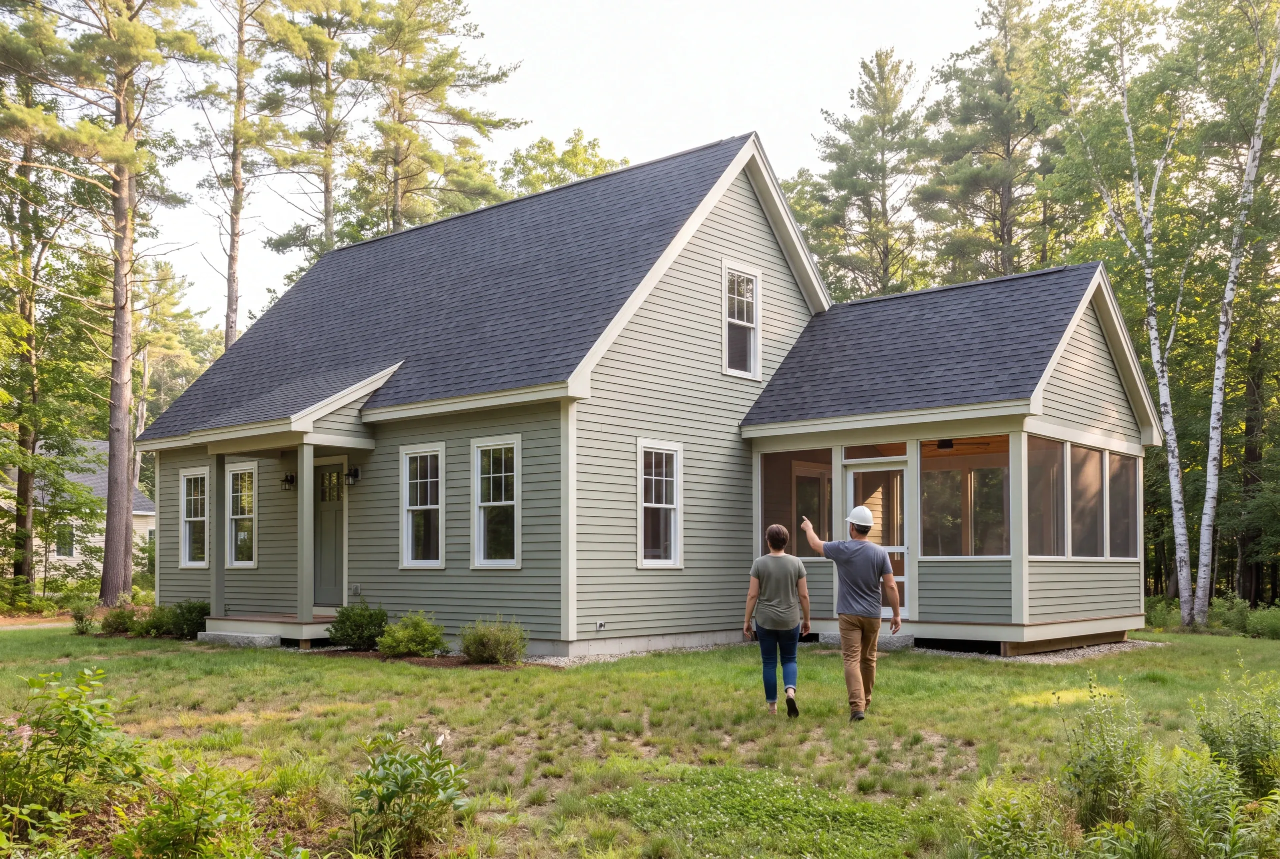 Two adults seen from behind walking toward a green house with an attached screened porch in a wooded setting.