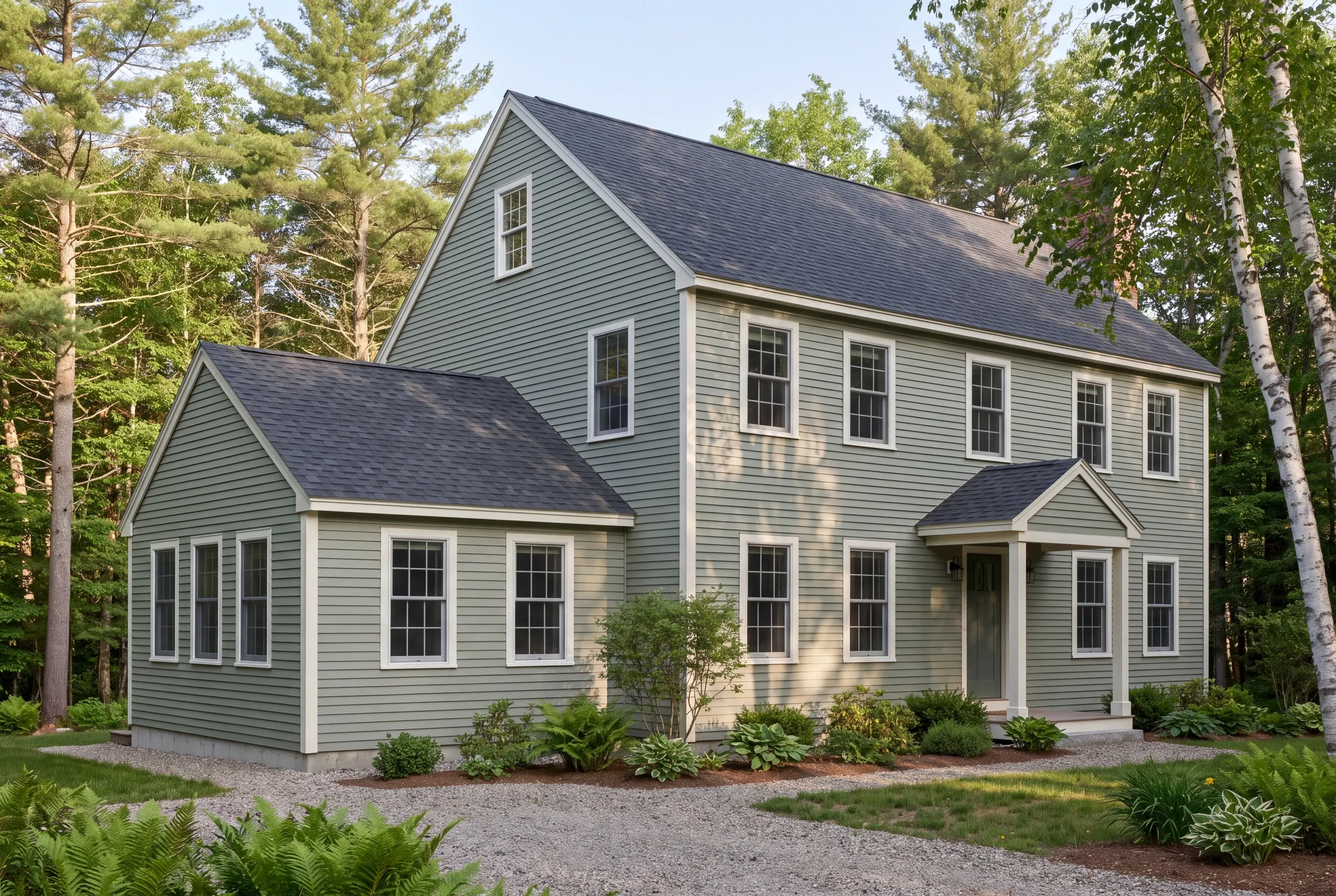 Exterior view of a green two-story house with a matching single-story addition surrounded by trees and landscaping.